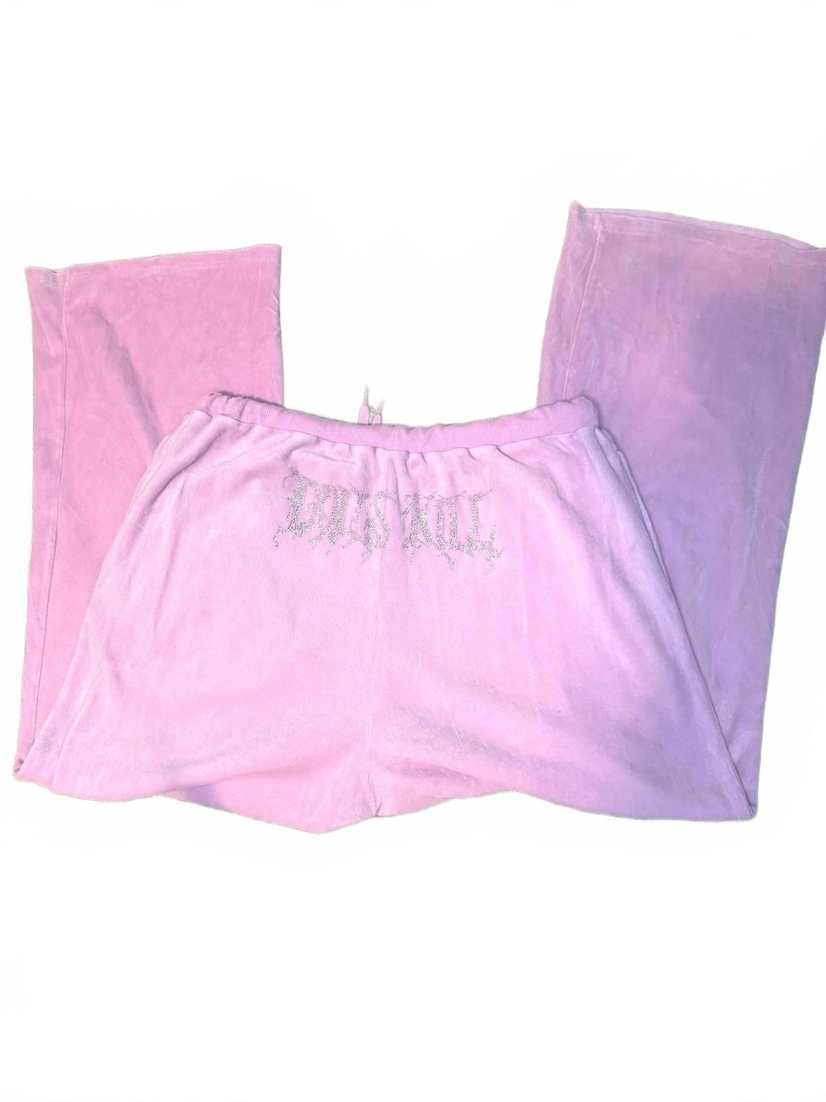 Designer Y2K Rhinestone Pink Velour Flare Sweat Pants Size 42" / US 20 - 1 Thumbnail