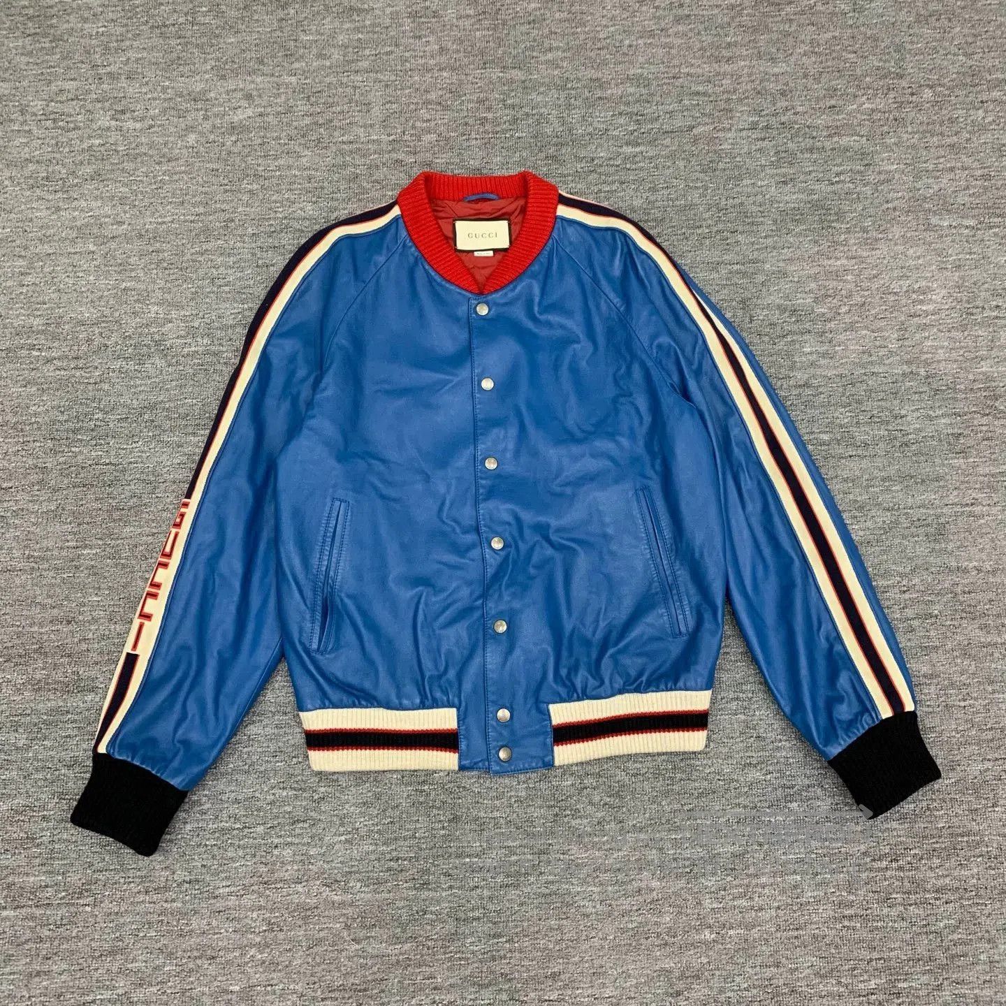 Gucci blue leather logo bomber jacket from gucci. Size US L / EU 52-54 / 3 - 1 Thumbnail