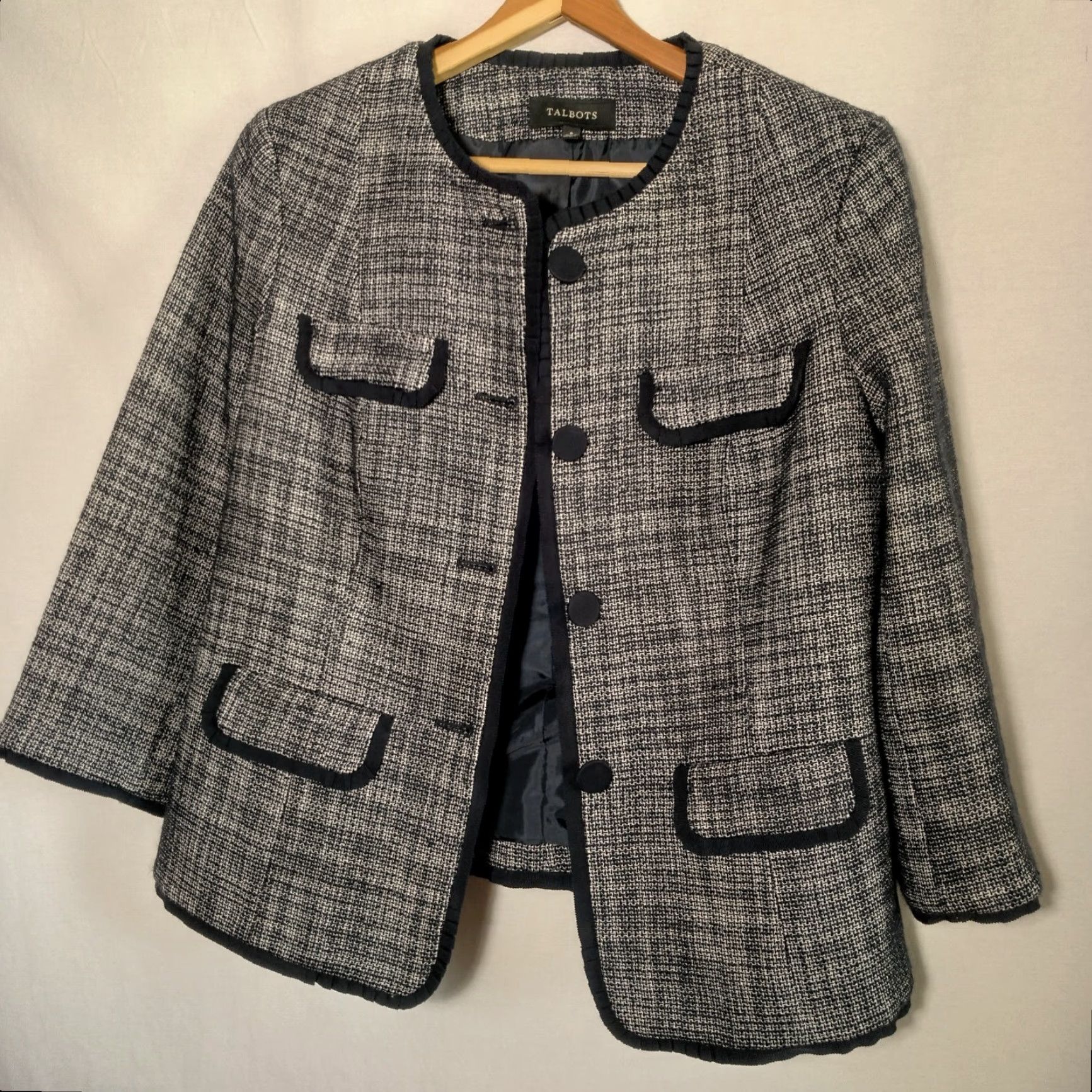 Talbots VINTAGE Talbots Blazer Jacket Women Size 8 Navy Blue Tweed Lined Buttoned Four-Button Ruffled Trim Professional Church Business 90s Women Size M / US 6-8 / IT 42-44 - 2 Thumbnail