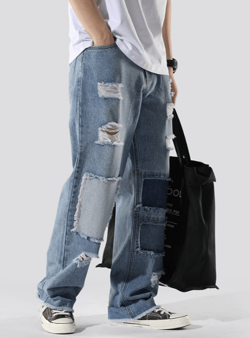 Japanese Brand Trendy loose straight-leg distressed patch ripped jeans Size US 34 / EU 50 - 2 Thumbnail
