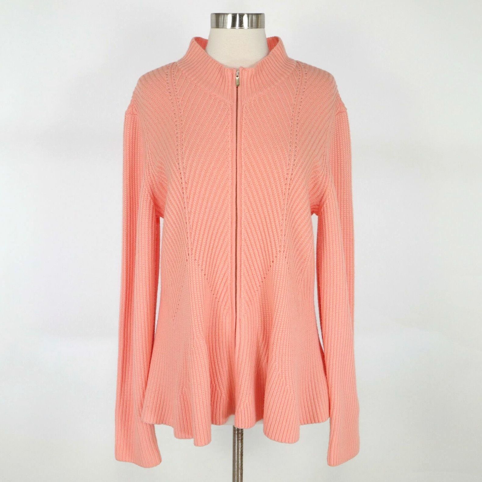 image of Vintage St. John Cardigan Sweater Wool Womens XL Orange Peach Peplum Full Zip Ribbed in White