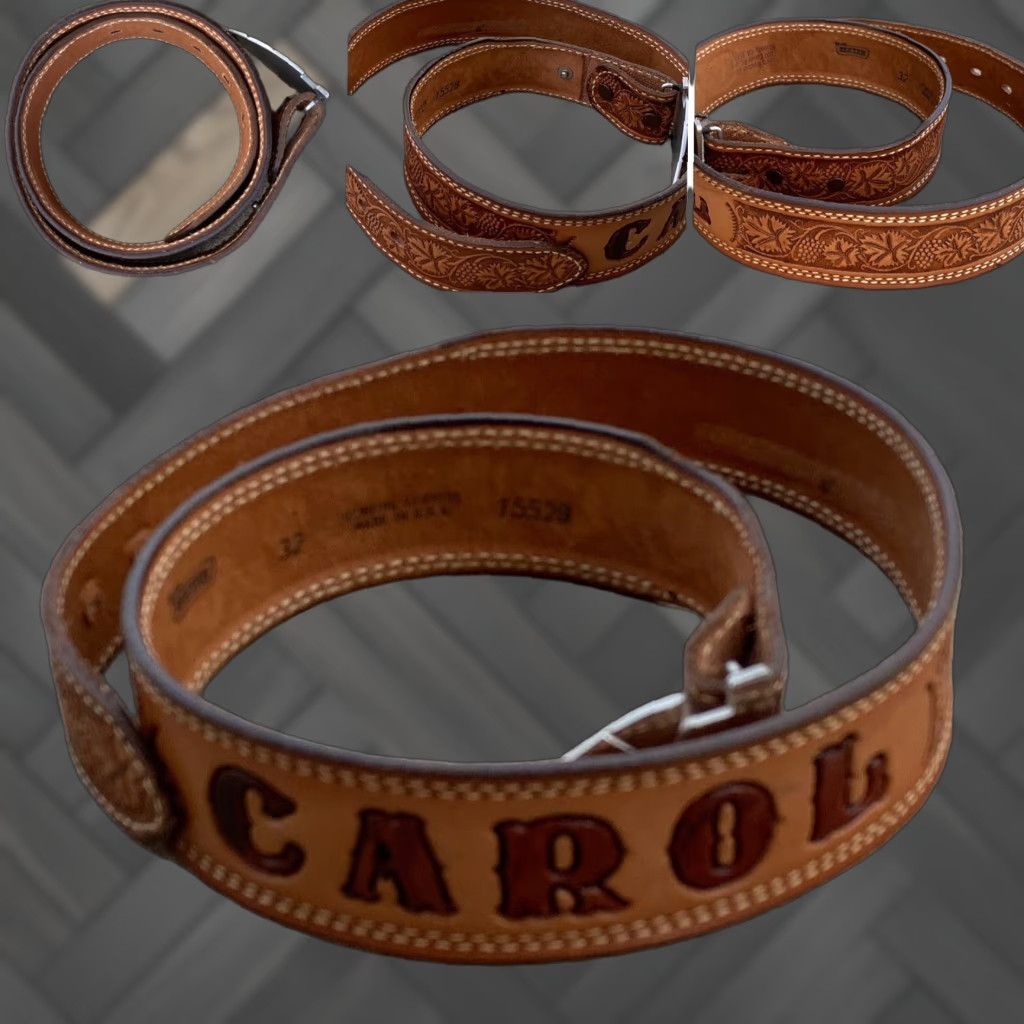 Vintage vintage Textan leather belt with arrowhead buckle, name Carol, size 32, brown, unisex, casual, rockabilly Size ONE SIZE - 1 Thumbnail