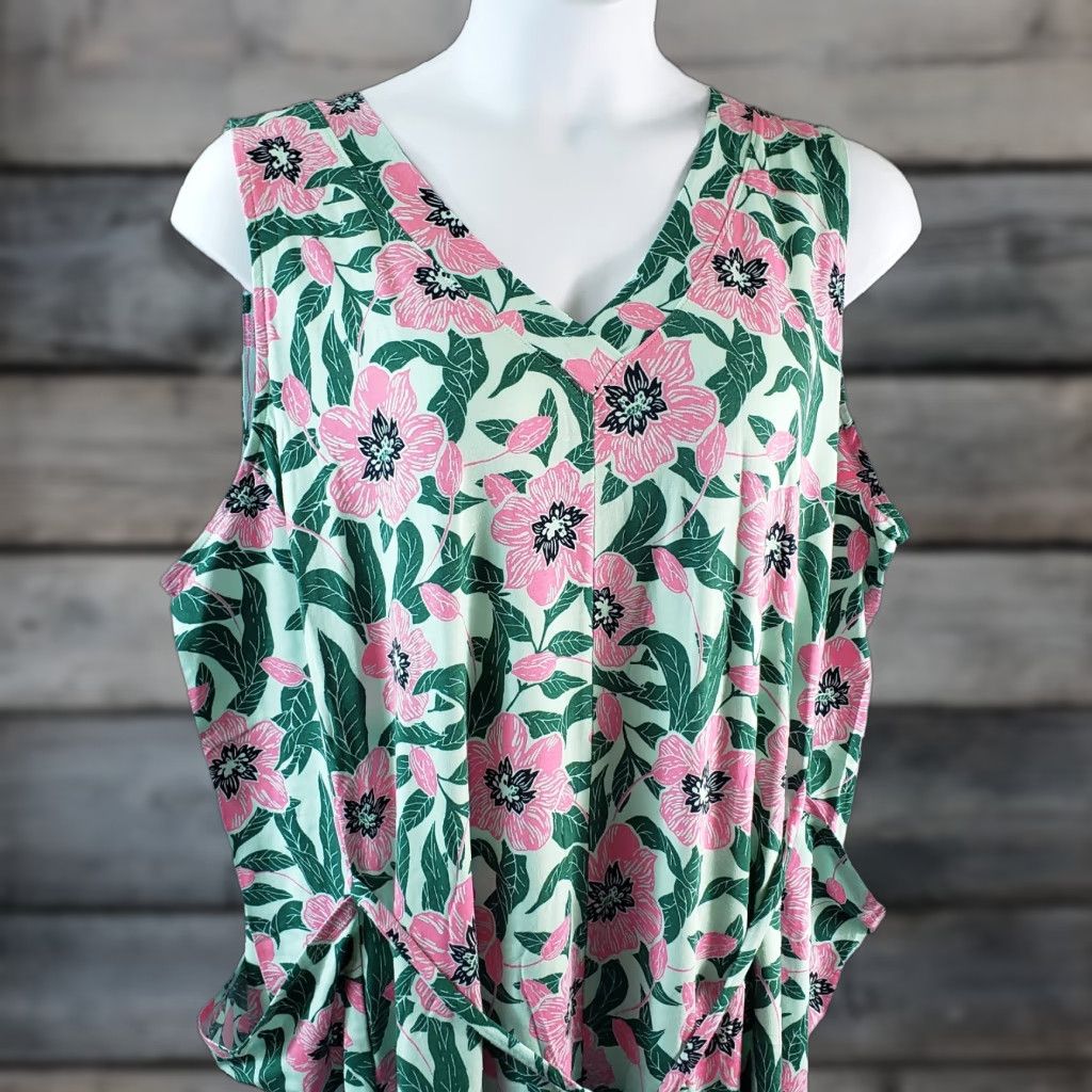 Vintage AnyBody Womens Cozy Knit Luxe V-Neck Gaucho Jumpsuit Sz 3XT Tall Green Pink Size 40" / US 18 - 1 Thumbnail