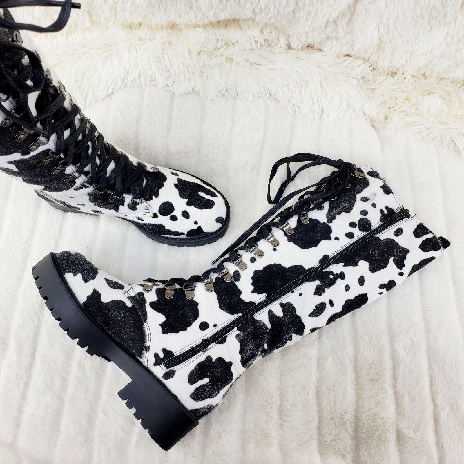Other Savage Goth Punk Rock Faux Cow Fur Lace Up Platform Combat K Size US 7 / IT 37 - 8 Thumbnail