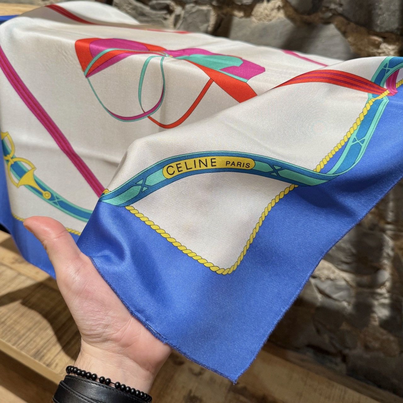 Celine Celine Vintage Ivory Blue Hat Print Silk Square Scarf Size ONE SIZE - 5 Thumbnail