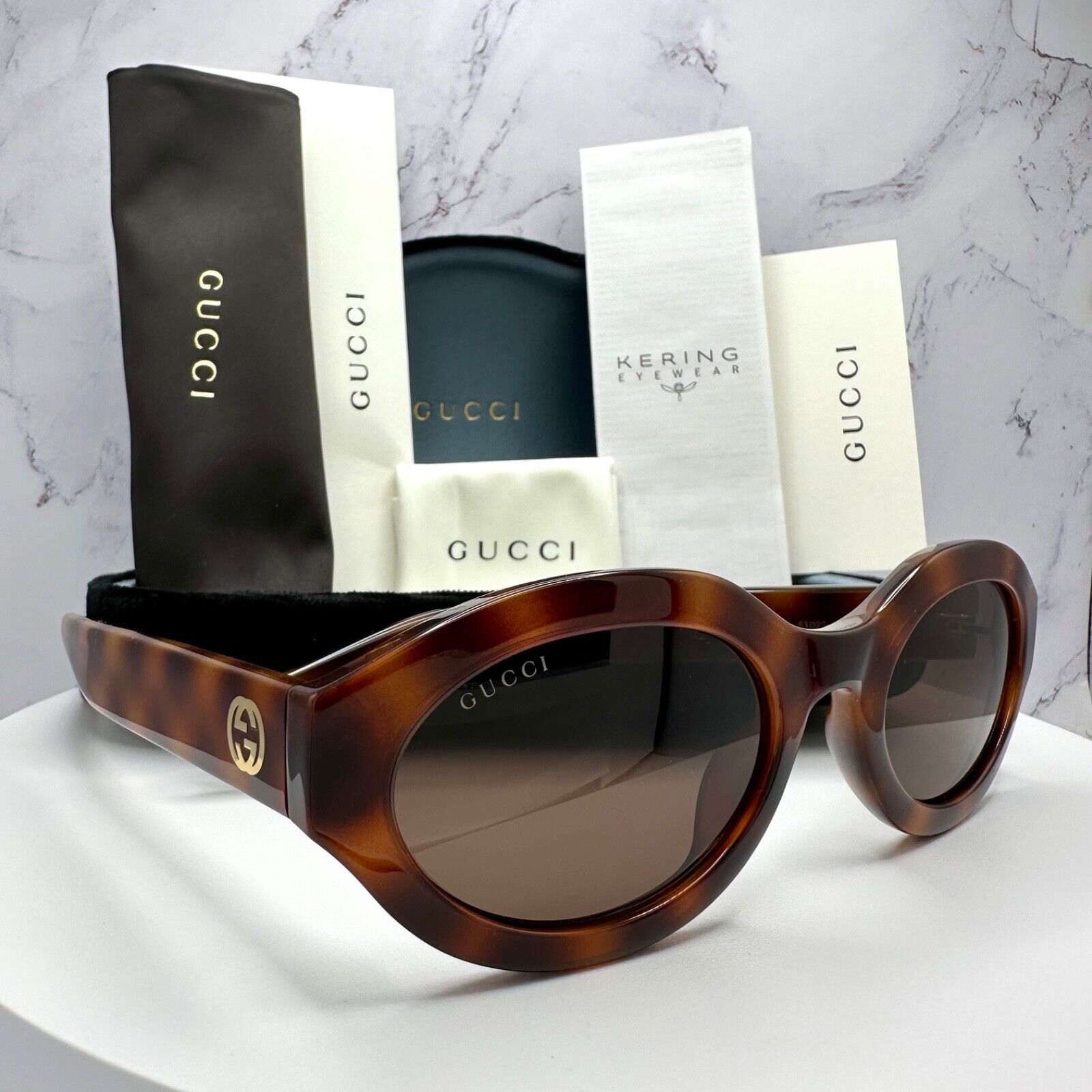Gucci New GUCCI Sunglasses Brown Tortoise Oval Gold GG Logo Size ONE SIZE - 3 Thumbnail