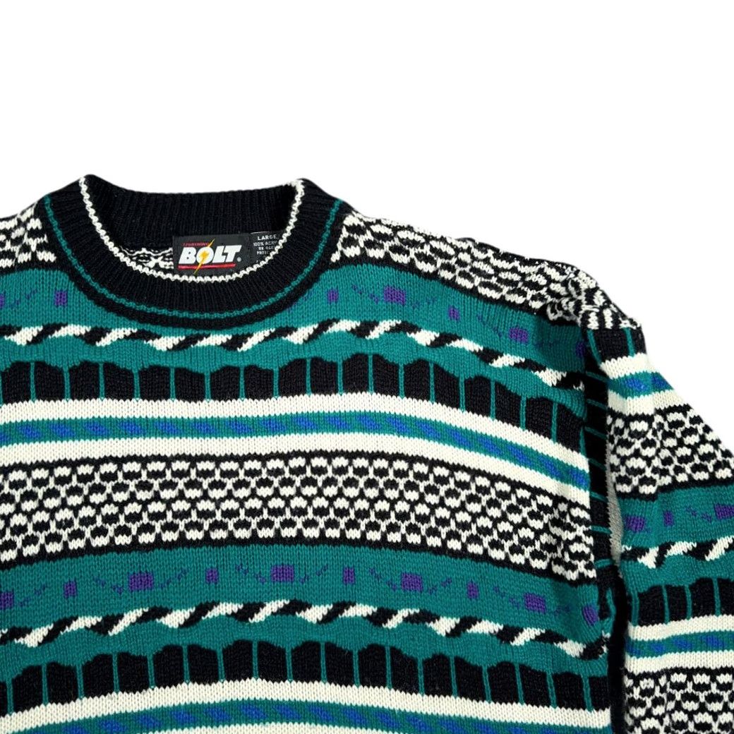 Vintage VINTAGE Lightning Bolt Sweater Mens Geometric Striped Knit Pullover Adult MEDIUM Green 90s Size US M / EU 48-50 / 2 - 2 Thumbnail