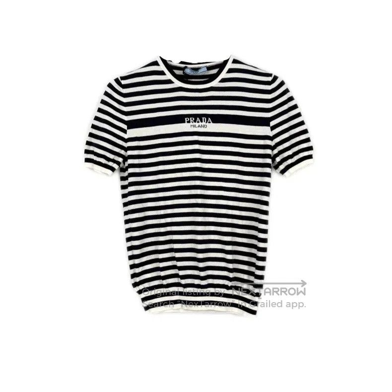 Prada Dark blue striped letter knitted short sleeves