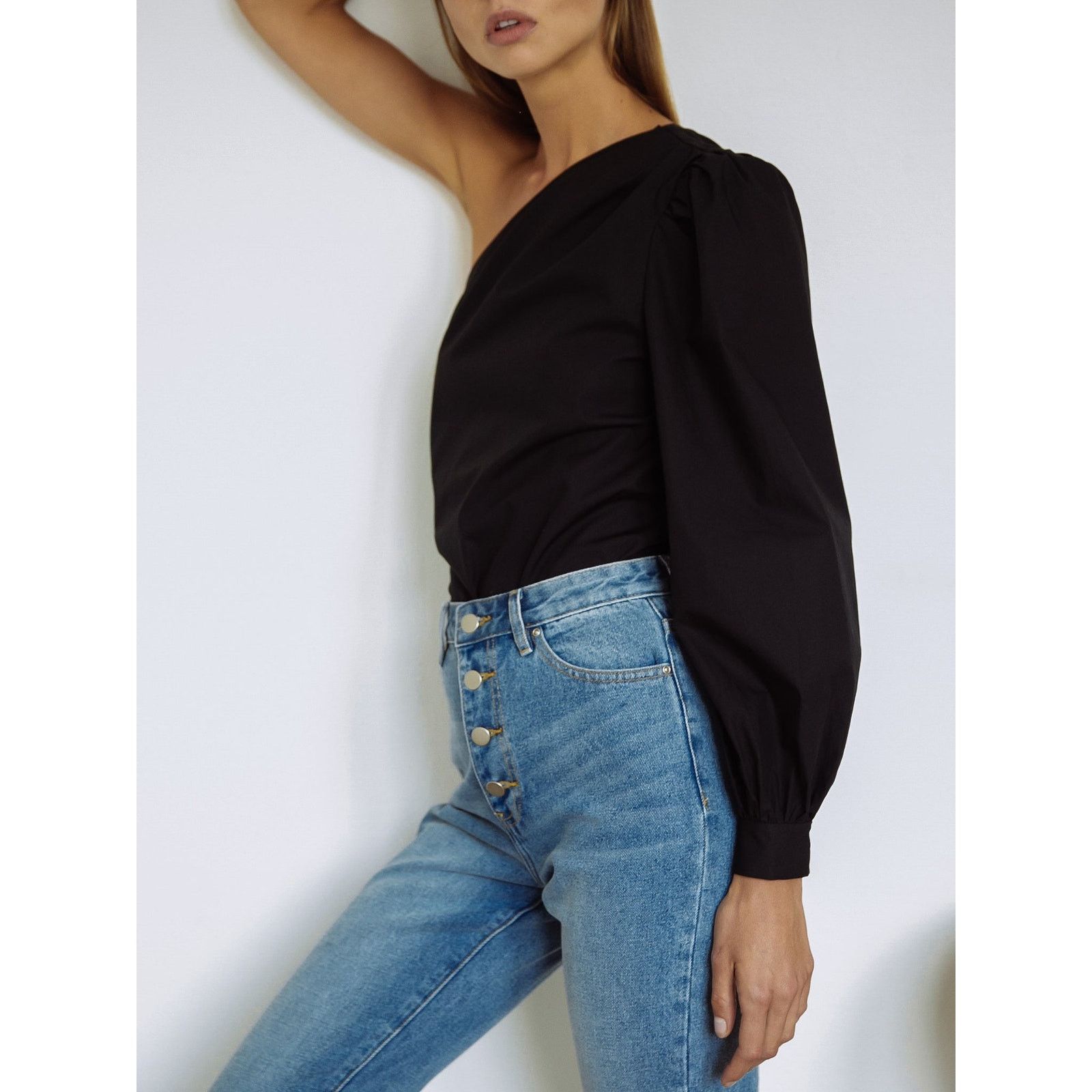 Frame FRAME Black One Shoulder Long Sleeve Cotton Blouson Top Sz M Size M / US 6-8 / IT 42-44 - 3 Thumbnail