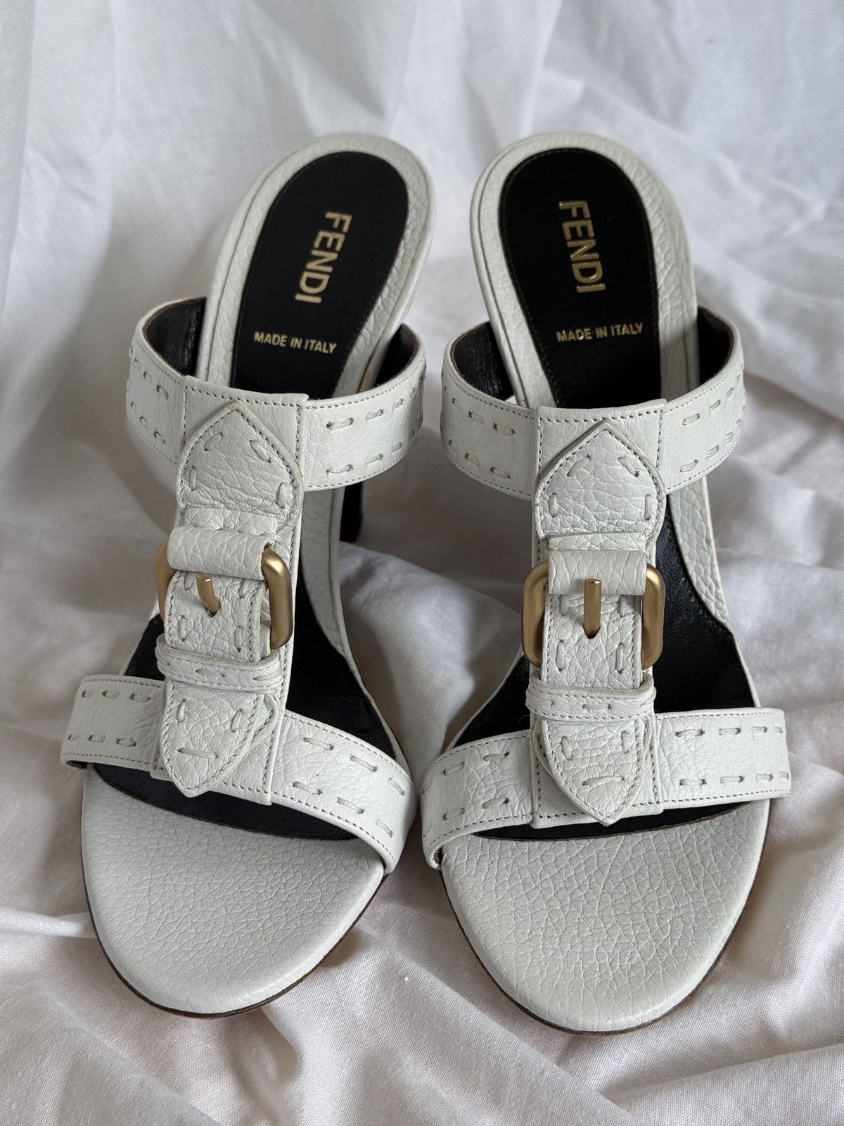 Fendi Fendi White Leather Strappy Mules Sandals on Wedges Buckle Size US 7.5 / IT 37.5 - 4 Thumbnail