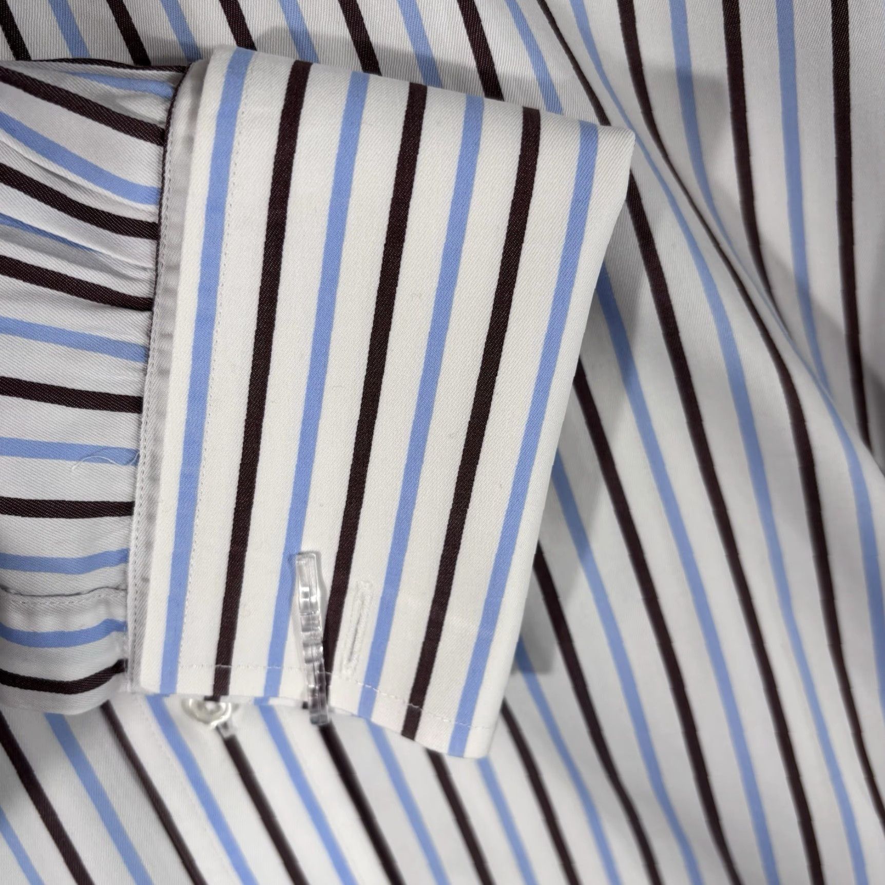 Vintage Skip Gambert Dress Shirt Mens XL White/Brown/Blue Stripe Cotton French Cuff USA Shirt Mens XL White/Brown/Blue Stripe Cotton French Cuff USA Size 46R - 3 Thumbnail