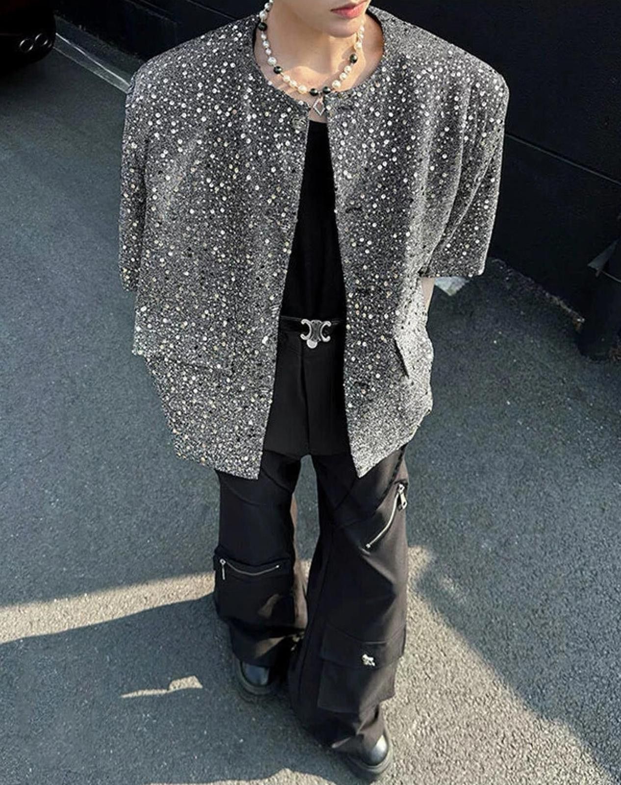 Black Rhinestone Speckled Oversized Short Sleeve Jacket