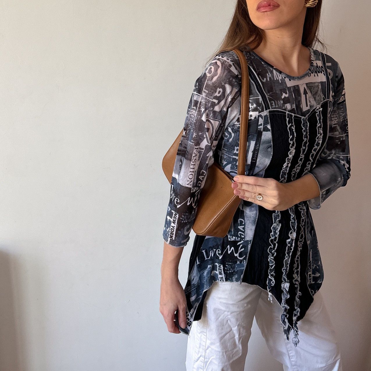 Vintage DPM 00s newspaper print asymmetric mesh Long sleeve / top Size M / US 6-8 / IT 42-44 - 3 Thumbnail
