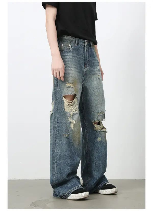 Japanese Brand VIBE American retro men's washed loose straight ripped jeans Size US 32 / EU 48 - 5 Thumbnail