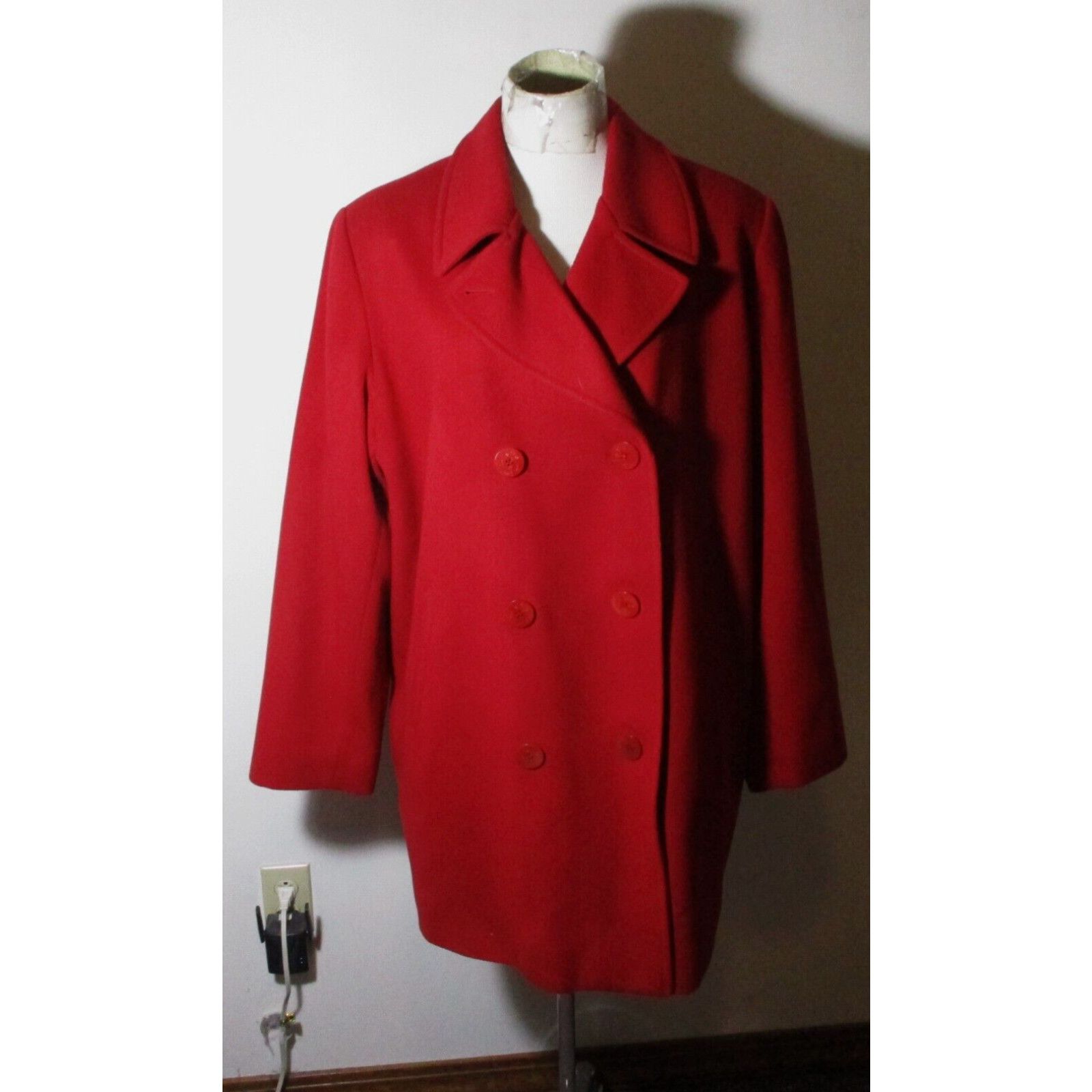 image of Vintage Women's L.l. Bean Red Wool Cashmere Double Breasted Peacoat Size 2X in White