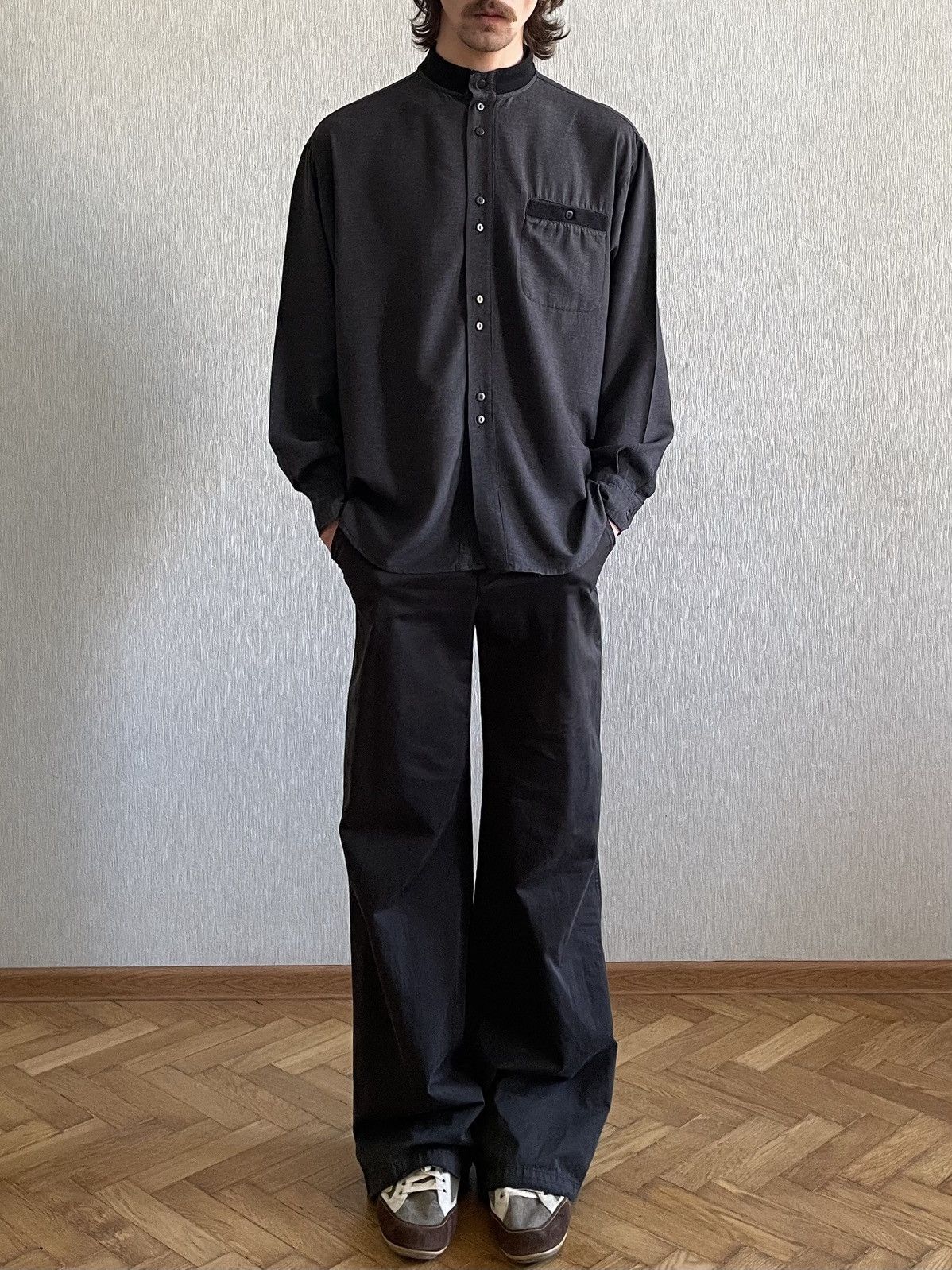 Vintage Mandarin Collar Shirt: Dark Gray Viscose, Italy Size US L / EU 52-54 / 3 - 5 Thumbnail