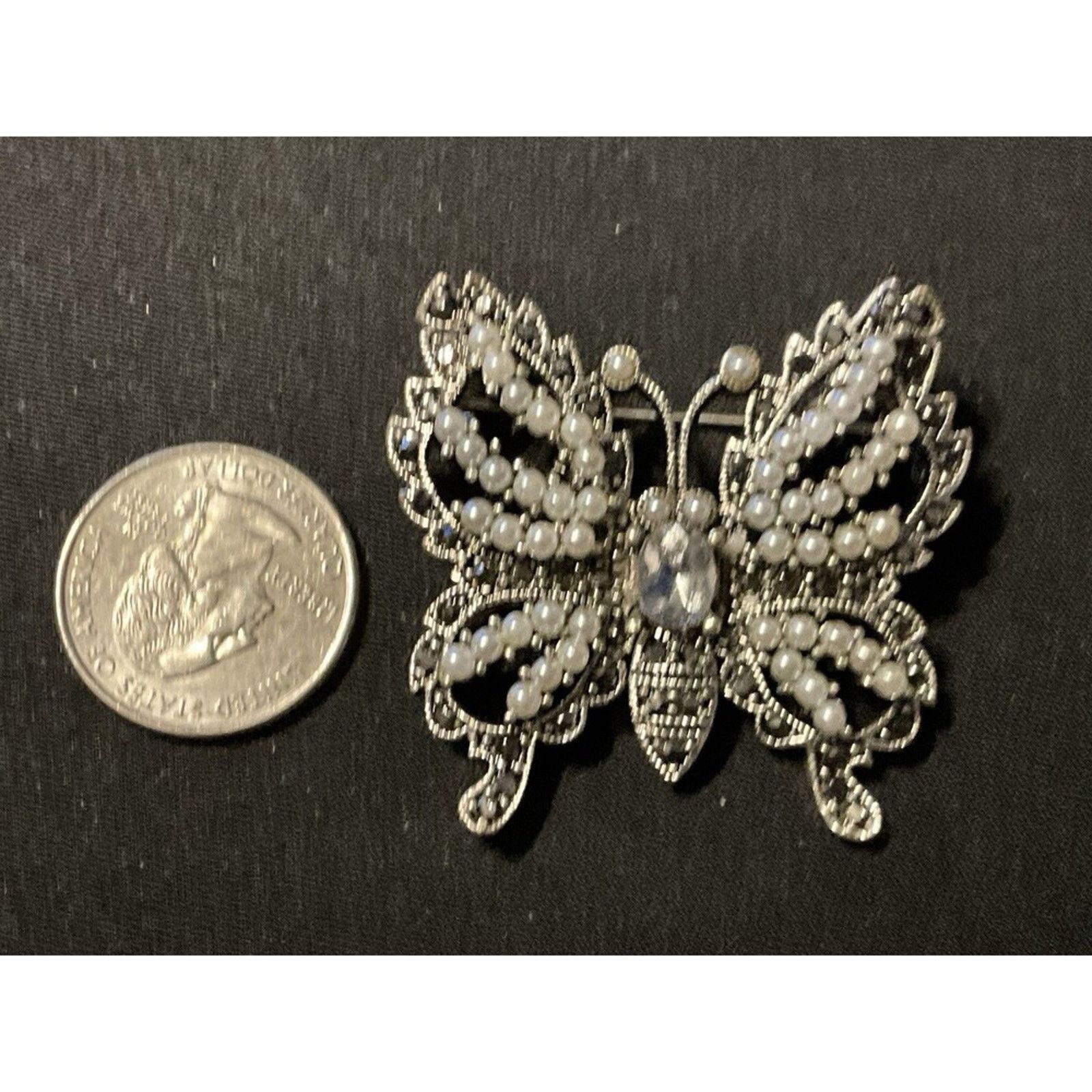 Other Faux Pearl, Marcasites & Rhinestone Silver Butterfly Brooch Size ONE SIZE - 3 Thumbnail