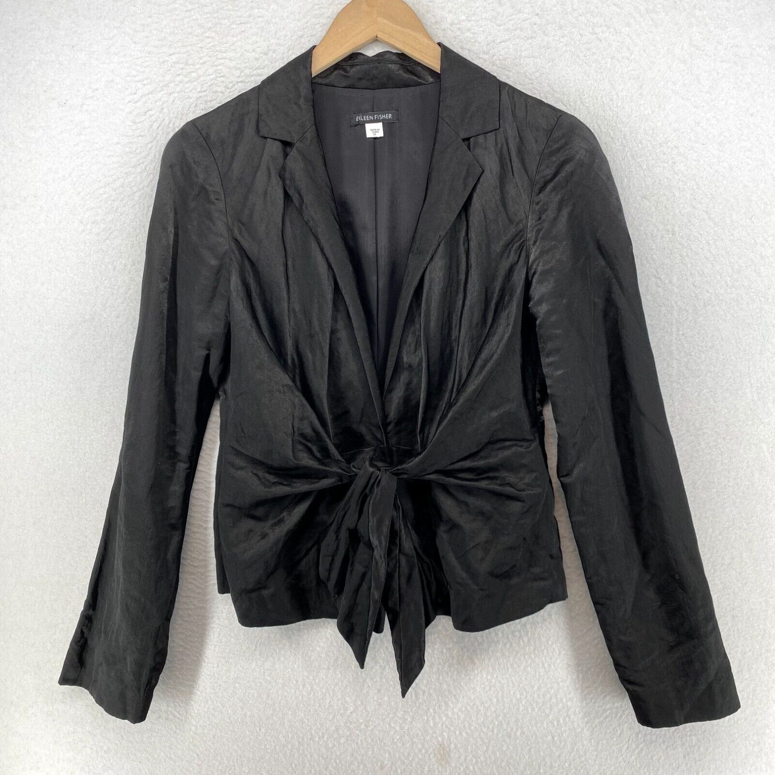image of Eileen Fisher Jacket Xs Steel Satin Tie Front Blazer Snap Long Sleeve Black in White, Women's