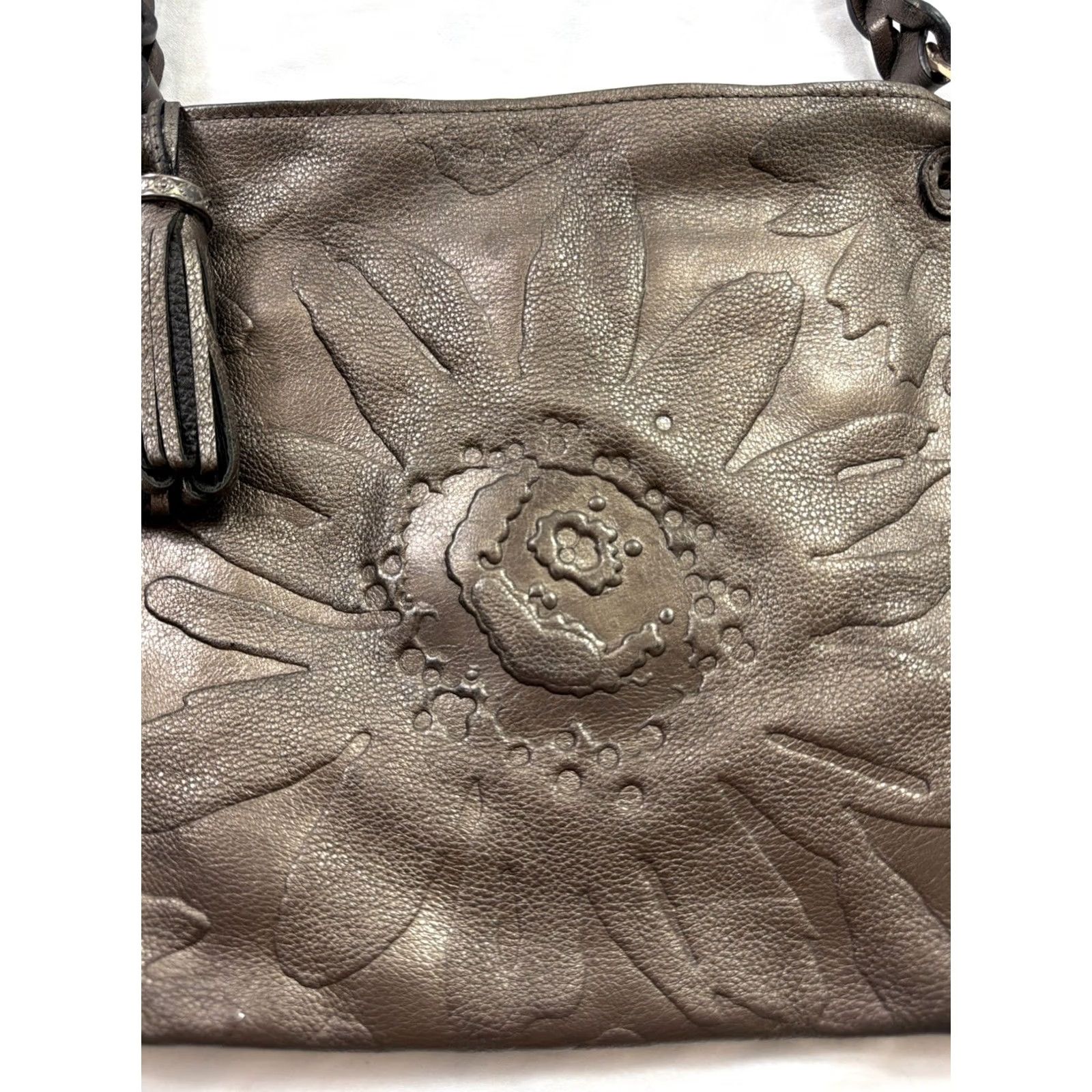 Brighton Brighton Ferrara Gun Metal Embossed Leather Medallion Shoulder Bag Purse Size ONE SIZE - 3 Thumbnail