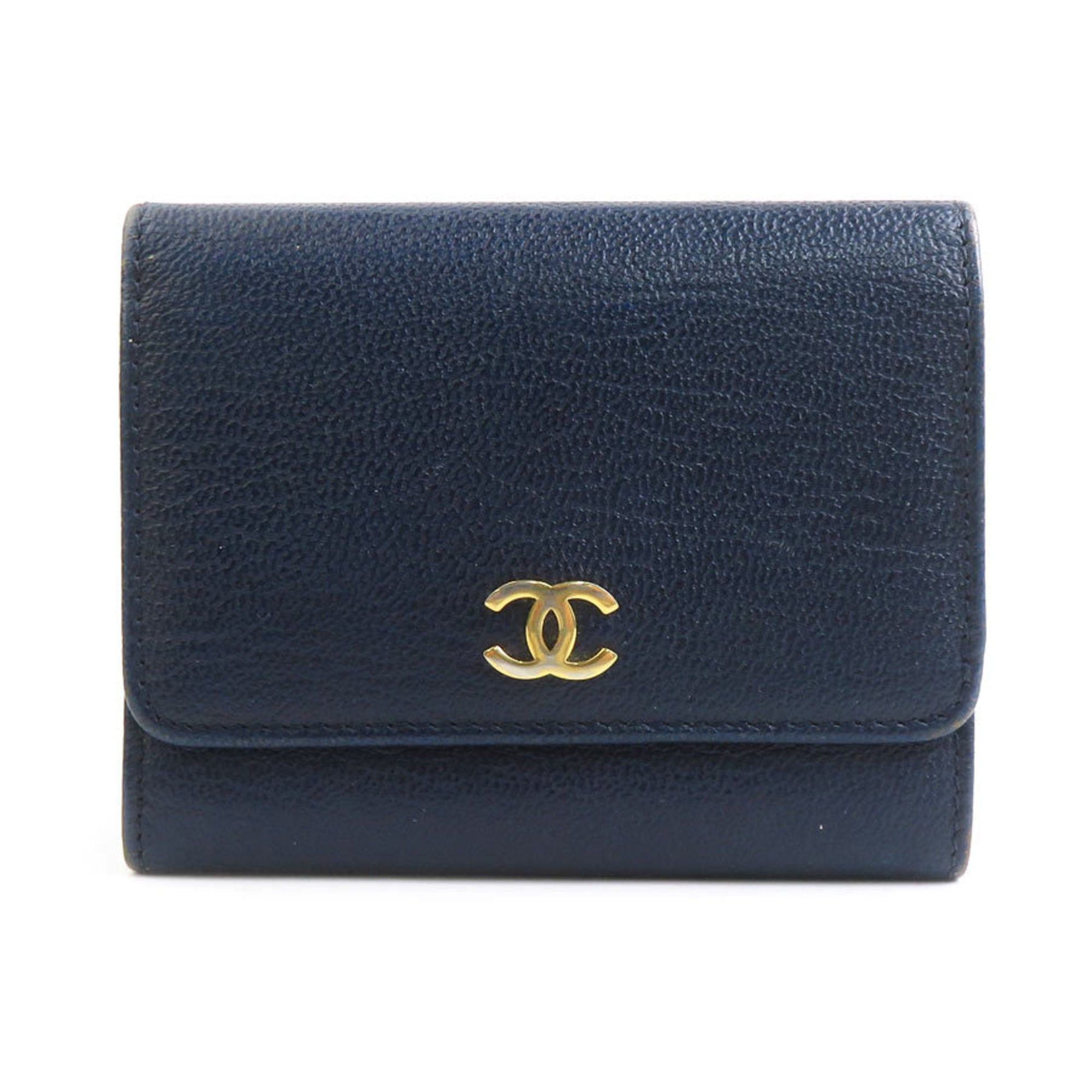 Chanel CHANEL Tri-fold Leather Wallet, Navy, Women's, r10949g Size ONE SIZE - 1 Thumbnail