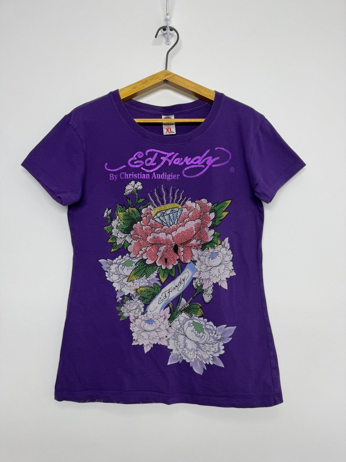 Ed Hardy ED HARDY T Shirt Purple Flower Diamond Rose tattoo shirt top Size XL / US 12-14 / IT 48-50 - 1 Thumbnail