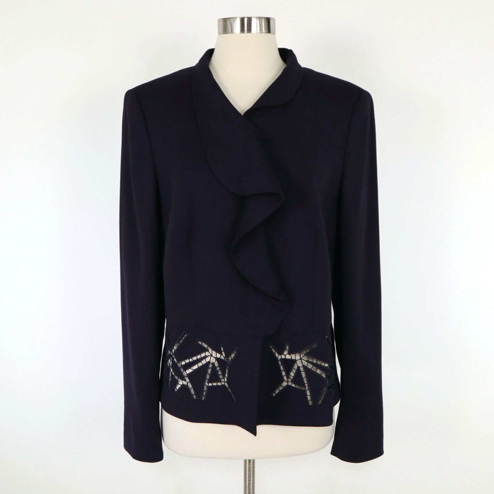 Image of Escada Blazer Jacket Us12 D42 Wool Cut Out Navy Blue Ruffle Front Peplum Stretch in White, Women's 