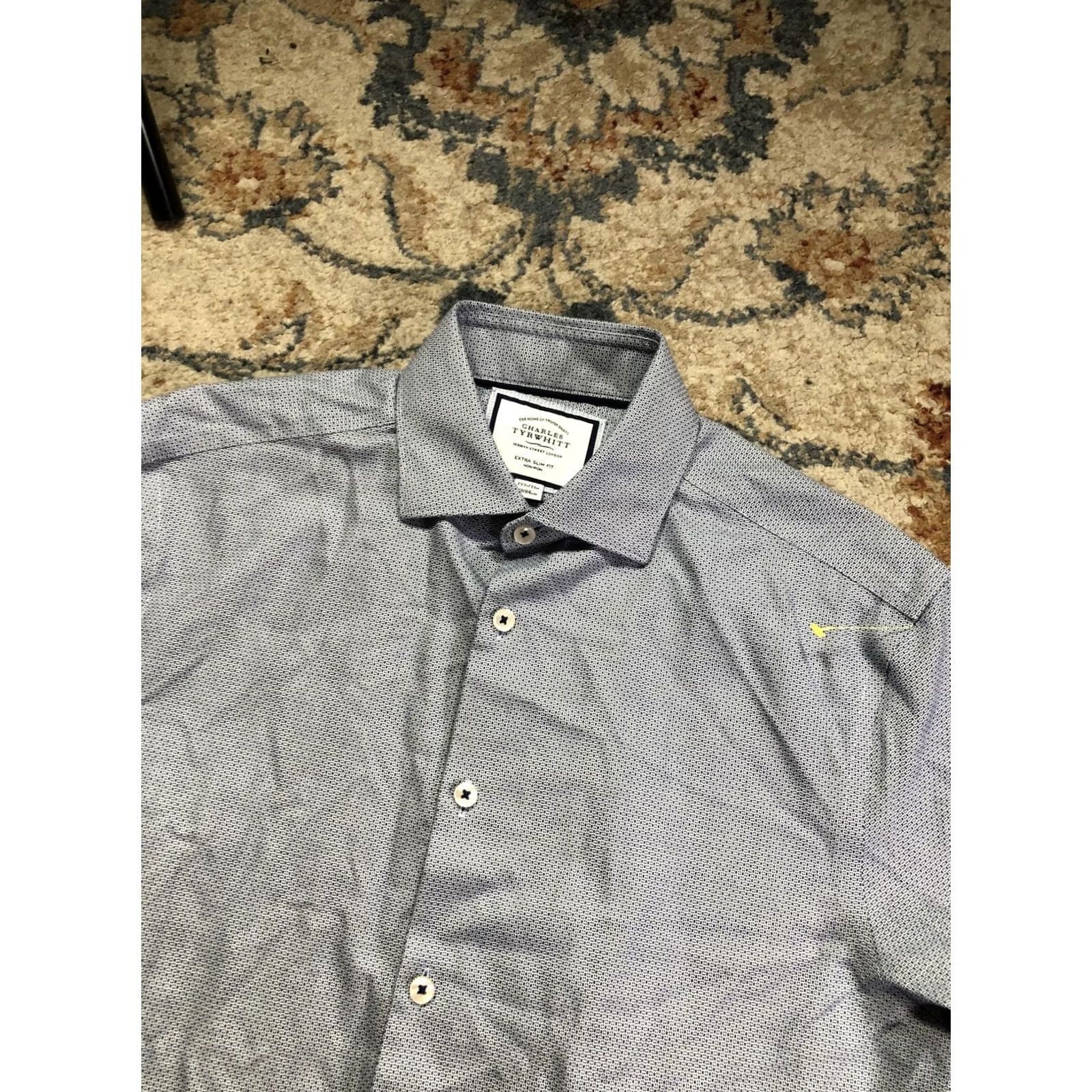 Charles Tyrwhitt Charles Tyrwhitt Dress Shirt Mens 15.5 32/33 Blue Geometric Extra Slim Non-Iron Shirt Men Size 42R - 6 Thumbnail