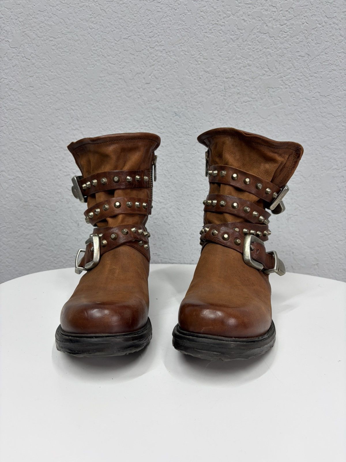 If Six Was Nine Brown Leather Studded Harness Boots Multi-Strap Biker Boots Size US 8 / IT 38 - 3 Thumbnail
