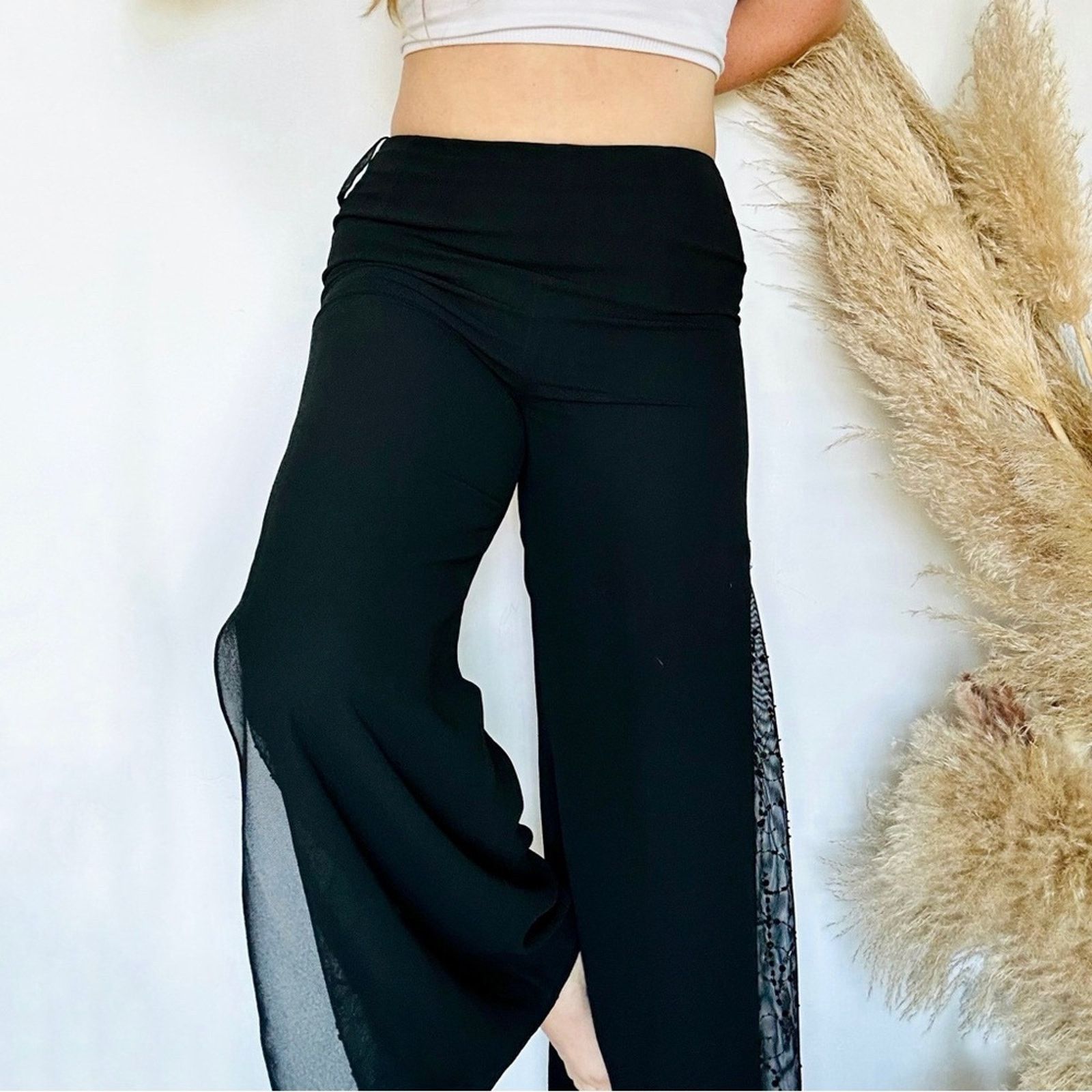 Vintage VINTAGE Black Sheer Beaded Sequins High Rise Wide Leg Pants Size 30" / US 8 / IT 44 - 2 Thumbnail