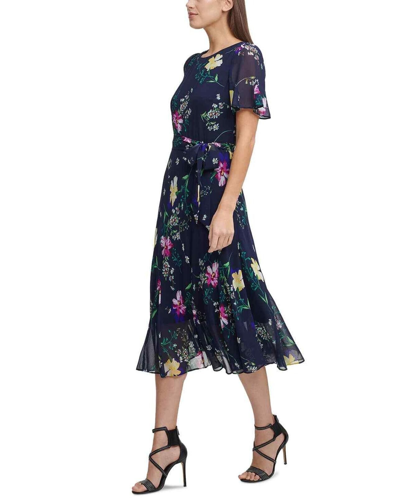 DKNY DKNY Women's Petite Floral Printed Godet Skirt Midi Dress Size L / US 10 / IT 46 - 3 Thumbnail