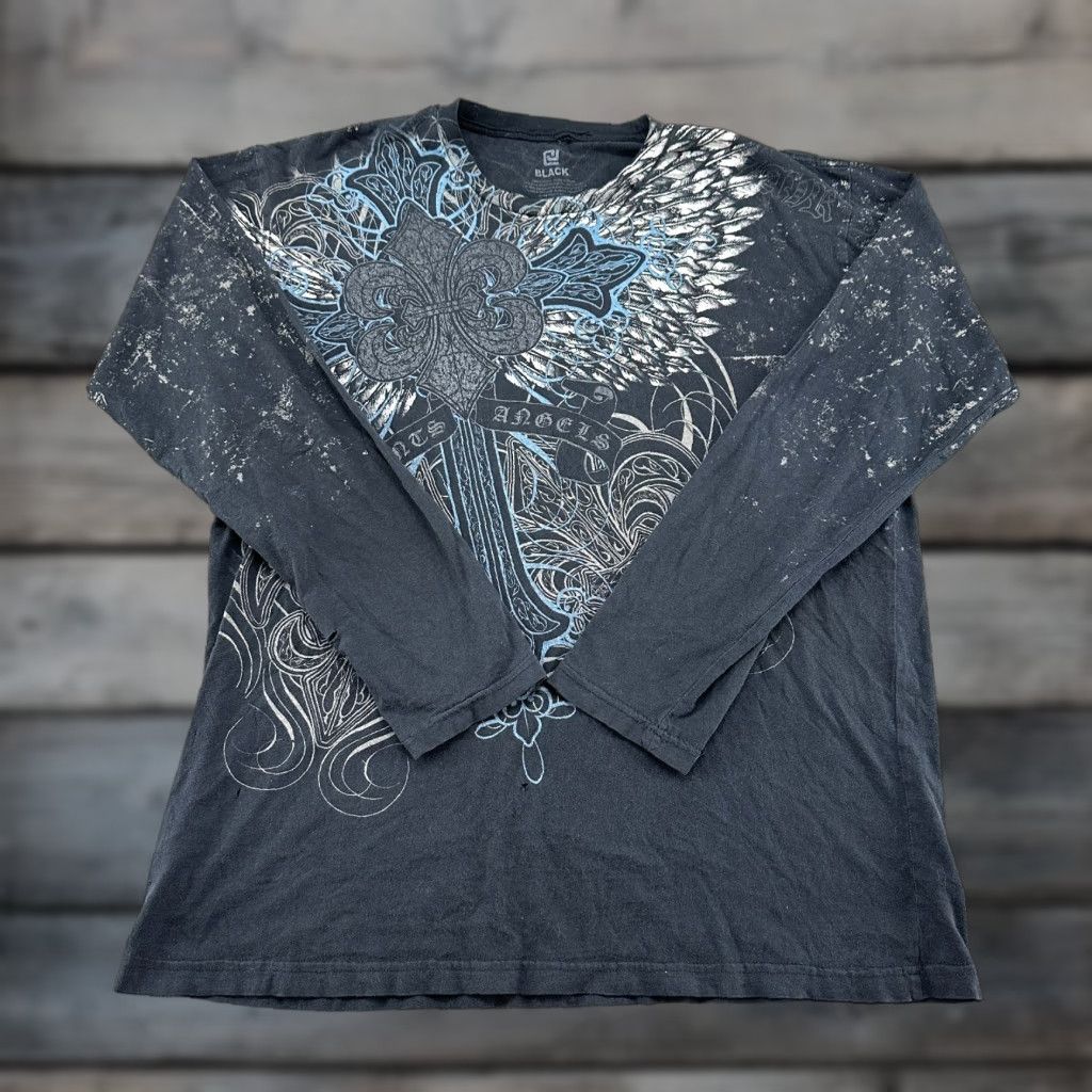 Vintage VINTAGE Buckle Shirt Mens XL Black Wings Cross Cyber Skater Emo Goth Y2K XS? Wait. Size US XL / EU 56 / 4 - 1 Thumbnail
