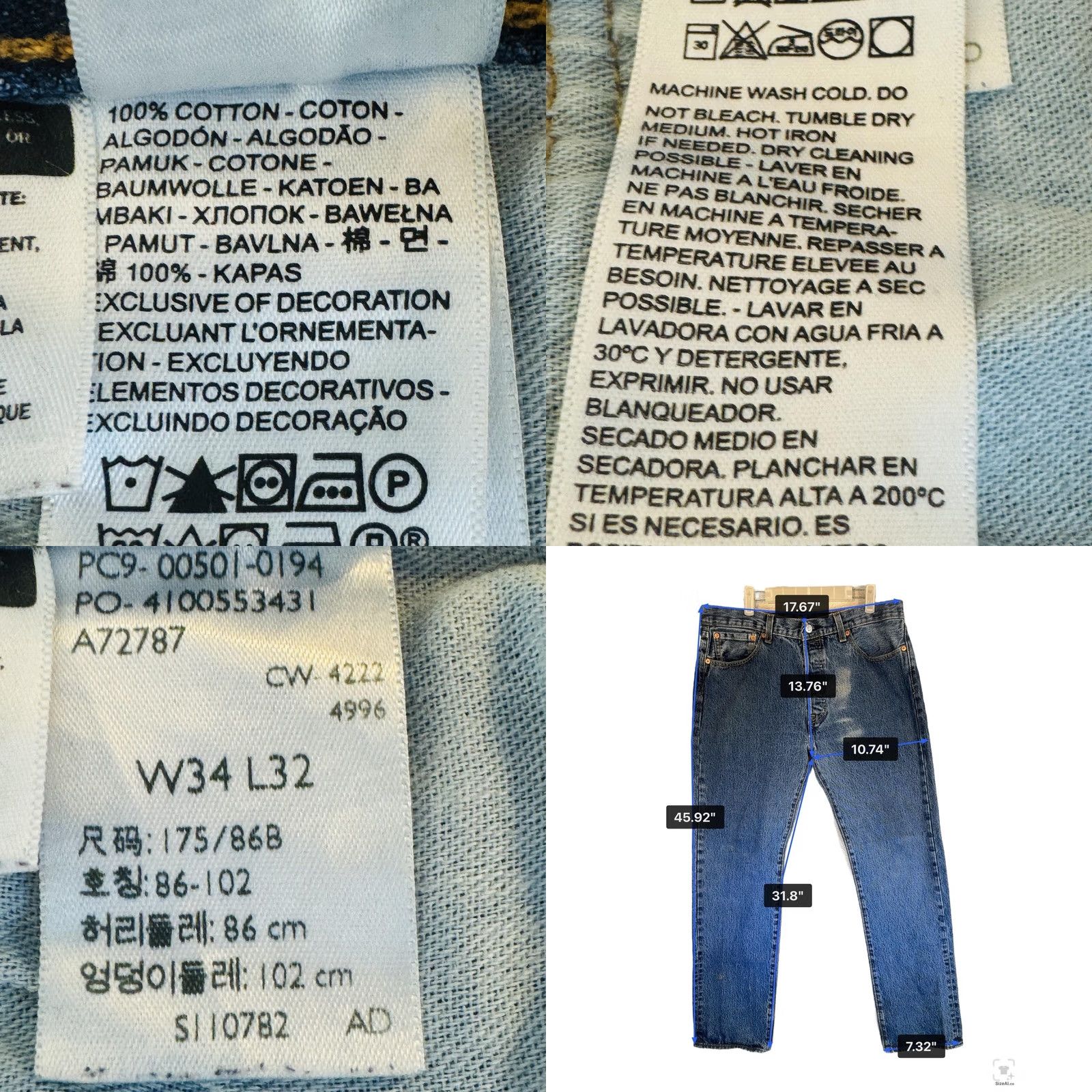 Levi's Levis 501 Jeans Mens 34x32 Blue Medium Wash Straight Denim Button Fly Classic Distressed Pockets Size US 34 / EU 50 - 9 Thumbnail