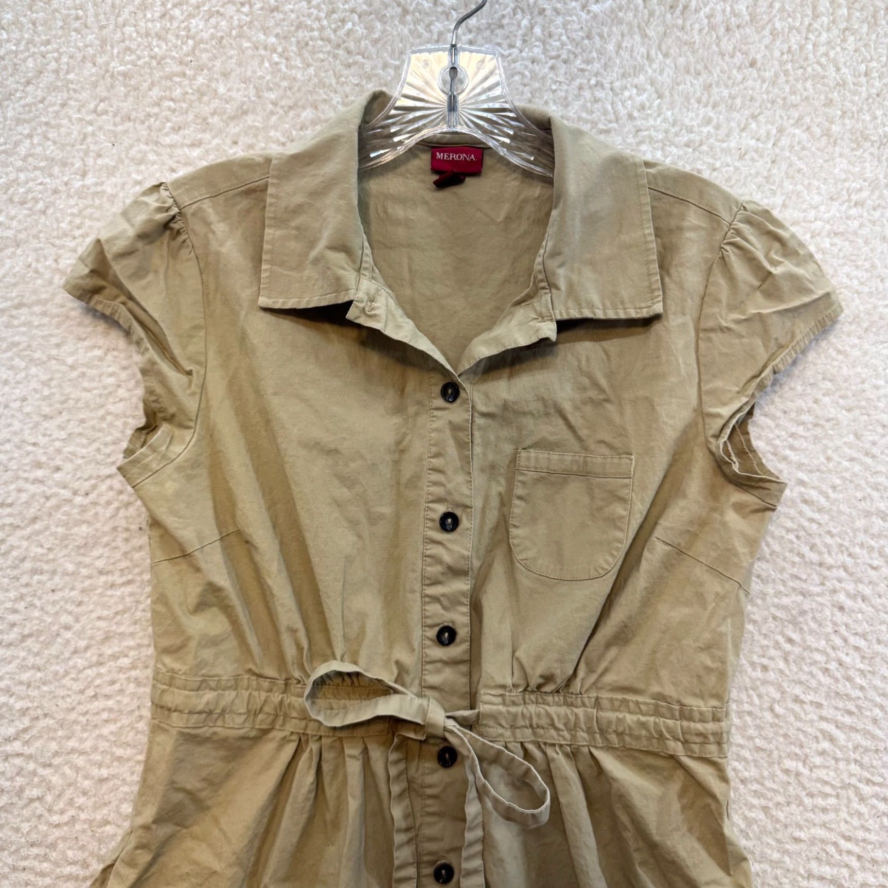 Merona VINTAGE Merona Y2K Shirt Dress Cap Sleeve Khaki Beige Small S Cotton Military/Landgirl Casual Mens? Size S / US 4 / IT 40 - 3 Thumbnail