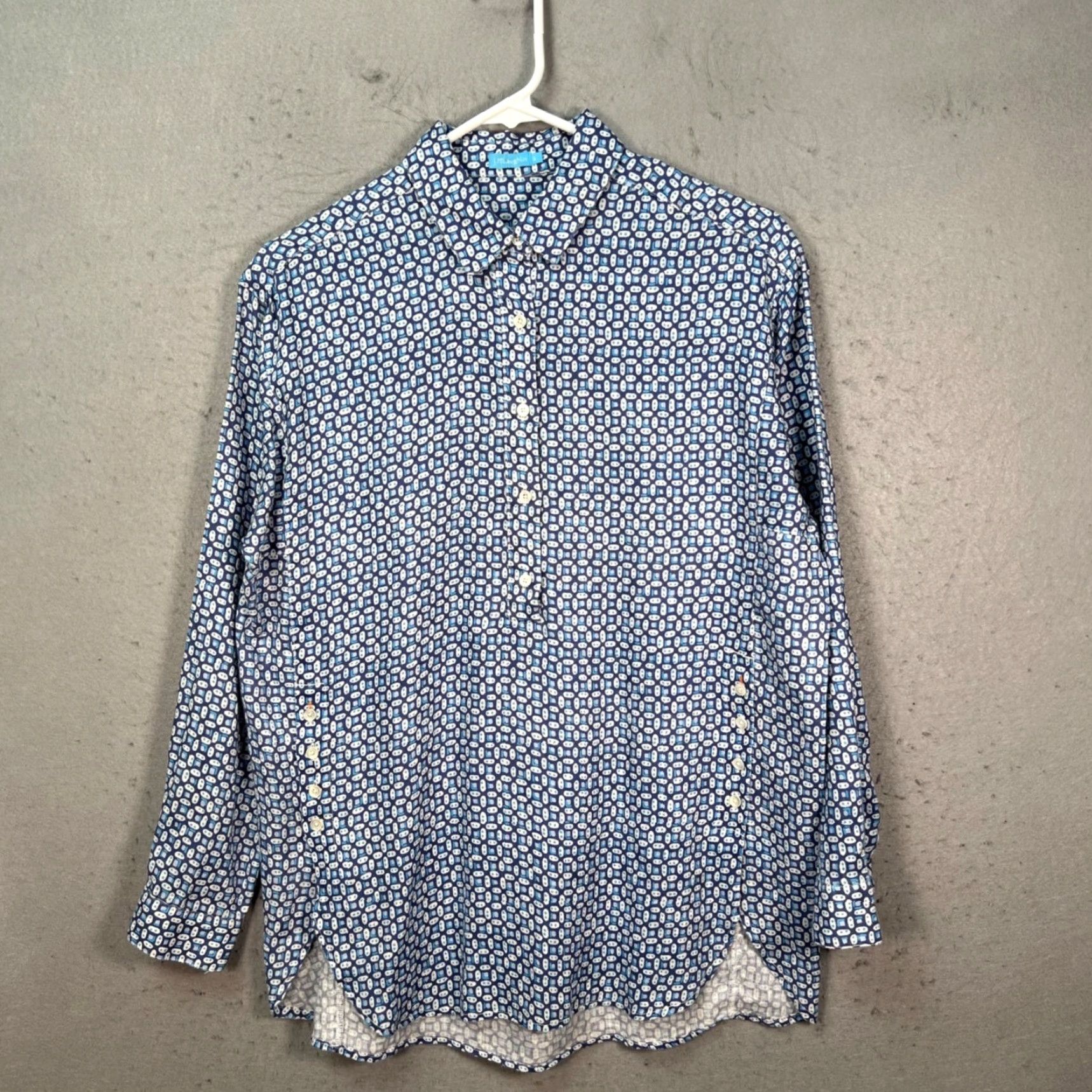 J.McLaughlin J.McLaughlin Button-Up Linen Long Sleeve Geometric Blue White Small Women’s Shirt Size S / US 4 / IT 40 - 2 Thumbnail