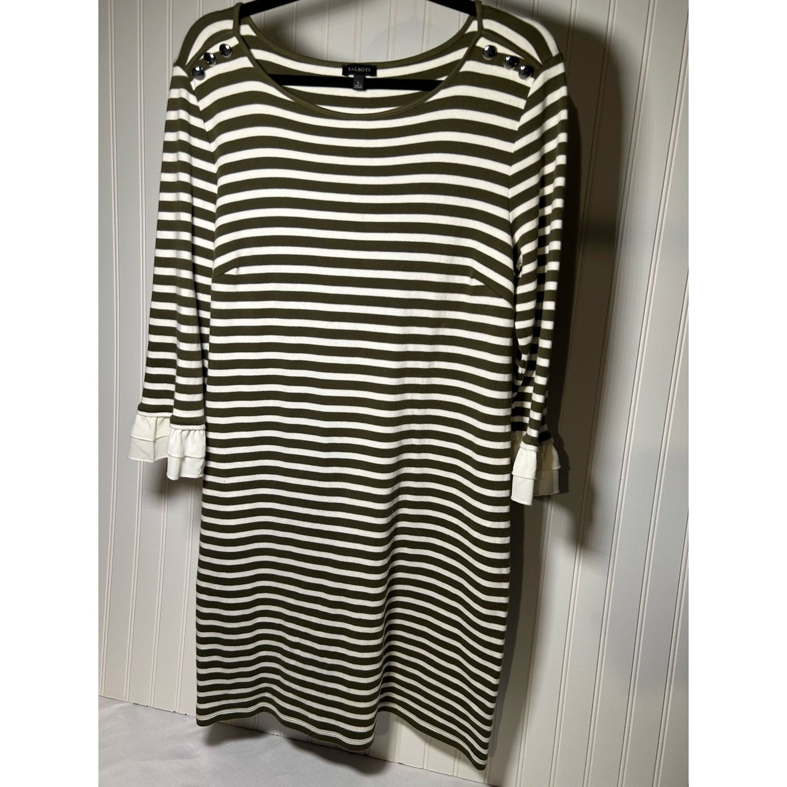 Robert Talbott Talbots Olive Green & Ivory Striped Dress W/Ruffled Size L Size L / US 10 / IT 46 - 1 Thumbnail