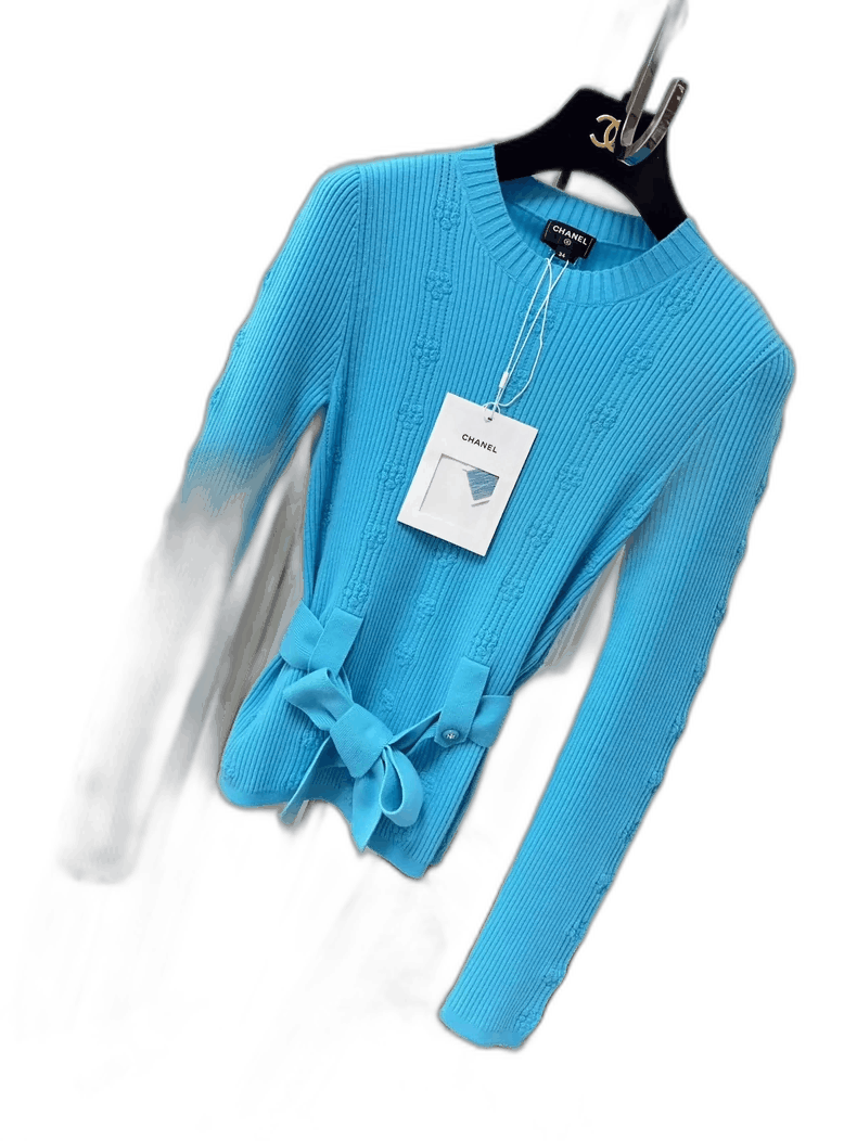 Chanel Chanel Blue Knitted Sweater with Belt Size S / US 4 / IT 40 - 1 Thumbnail