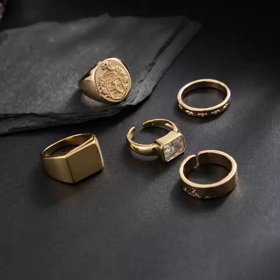 Jewelry 5Pcs/Set Punk Vintage Square Rhinestone Rings Size ONE SIZE - 5 Thumbnail