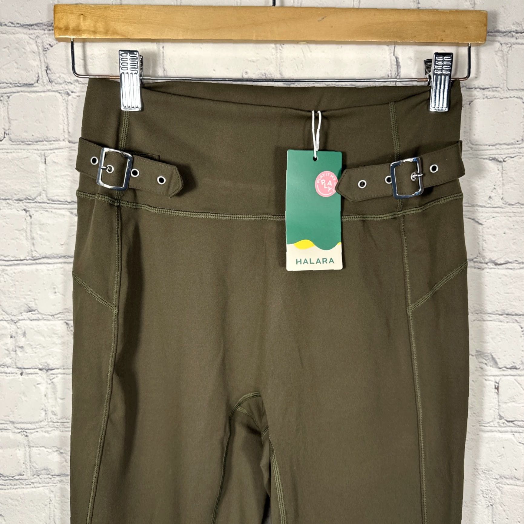 Vintage HALARA High Waisted Flare Wide Leg Pants Buckle Olive Green Women M Green Buckles Pockets Wide Leg Bohemian Preppy Casual Travel Slim / Regular Size 32" / US 10 / IT 46 - 2 Thumbnail