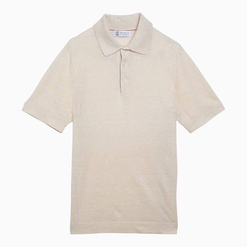 image of Brunello Cucinelli Natural Linen Short-Sleeved Polo Shirt in Beige, Men's (Size Medium)