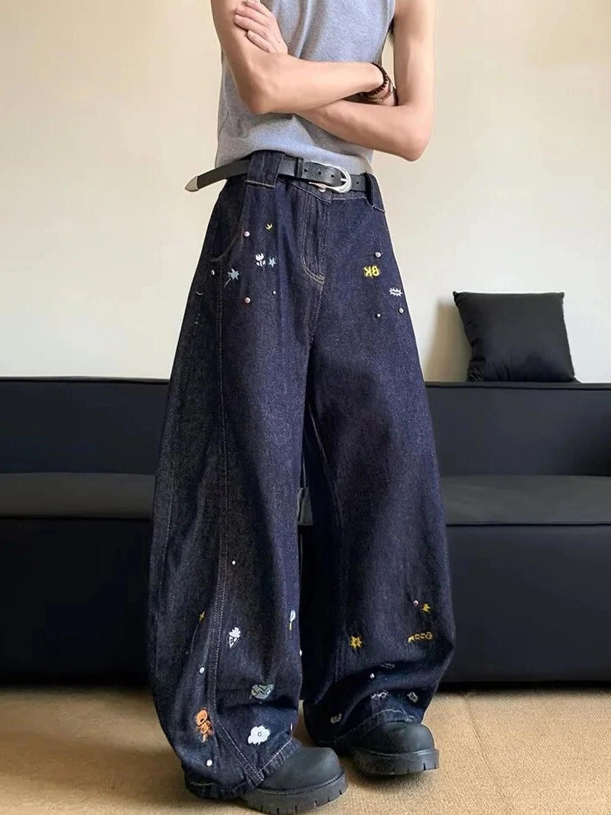 Japanese Brand Dark Paint Splatter Blue Wide Leg Denim Jeans Size US 32 / EU 48 - 6 Thumbnail
