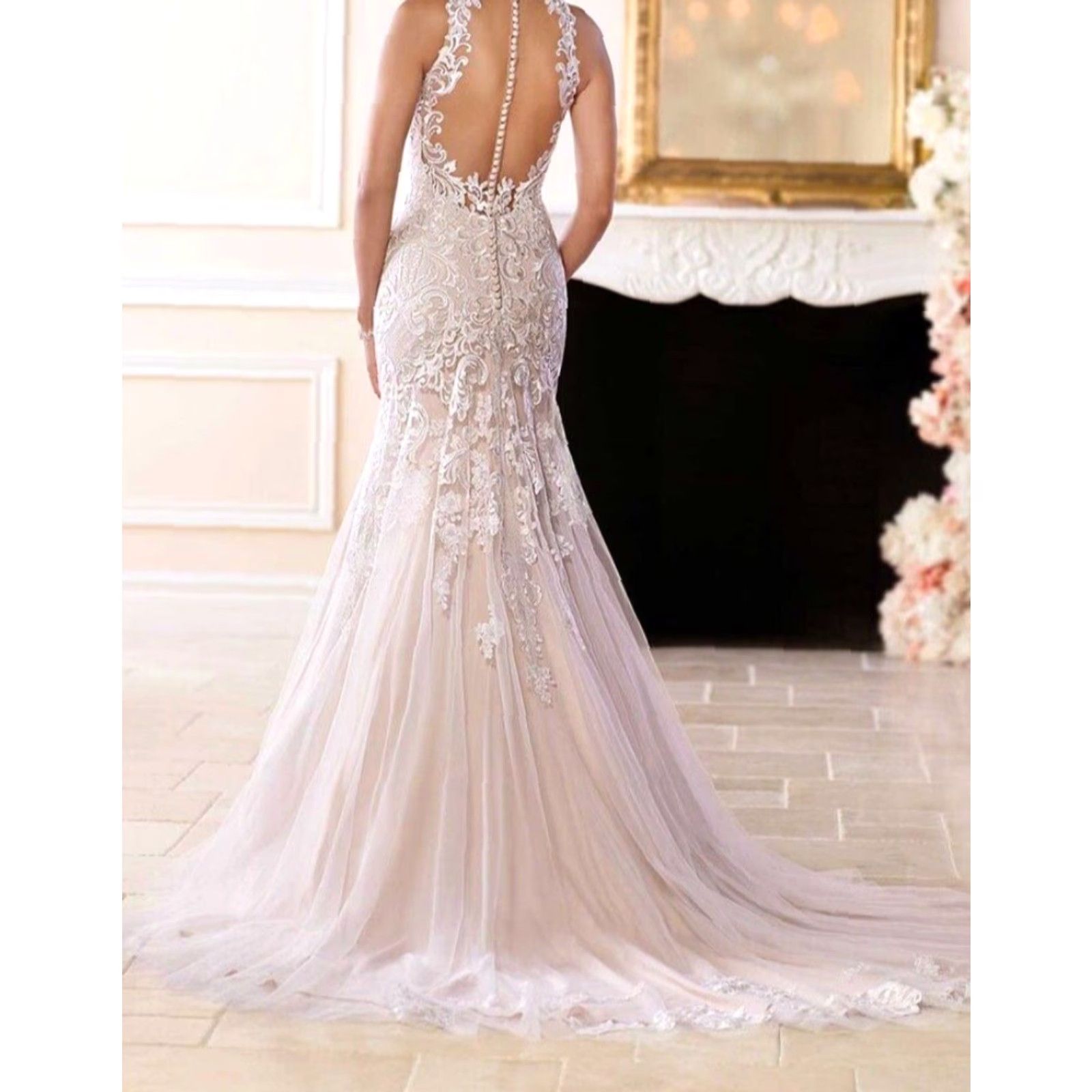 Vintage Stella York 6600 Mermaid Wedding Dress Halter Neckline Size 16 Ivory Lace Crystal Dams Ruffles Sleeveless Full-Length Ball Gown Sample Womens Size ONE SIZE - 5 Thumbnail