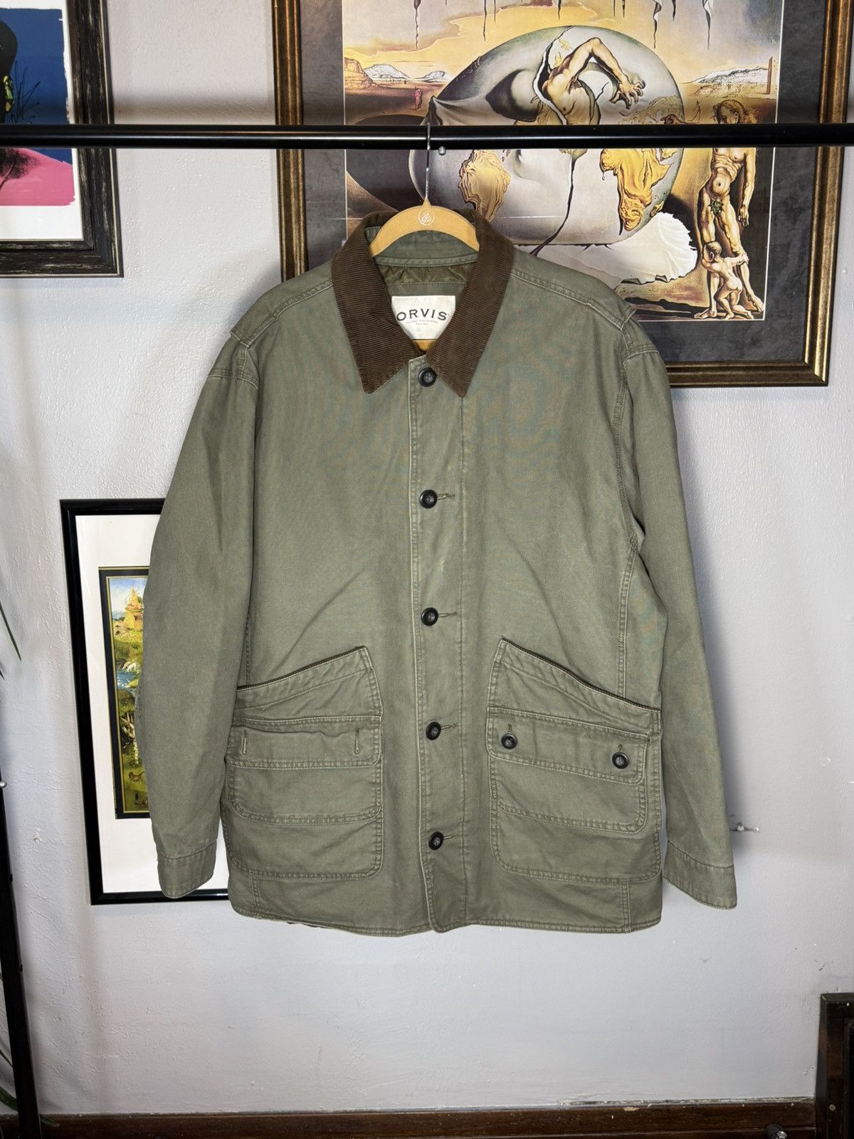 Orvis Men's Vtg ORVIS Field Chore Coat Olive Corduroy Collar Sz Size US XL / EU 56 / 4 - 1 Thumbnail