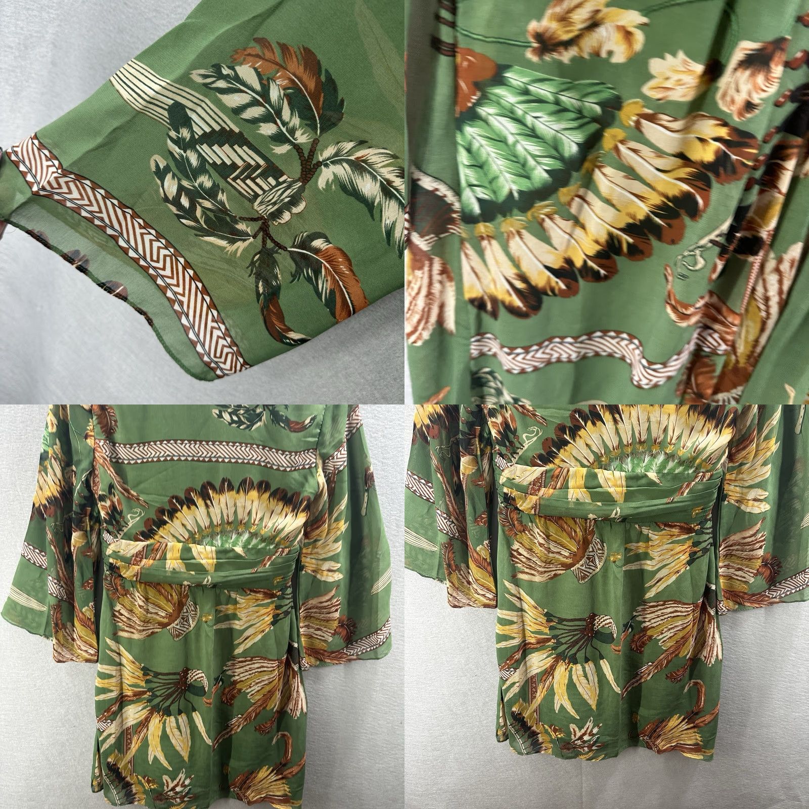 Vintage TOV Dress Womens S Green Silk Lined Feather Bohemian V-Neck Knee Length Vintage No Size S / US 4 / IT 40 - 8 Thumbnail