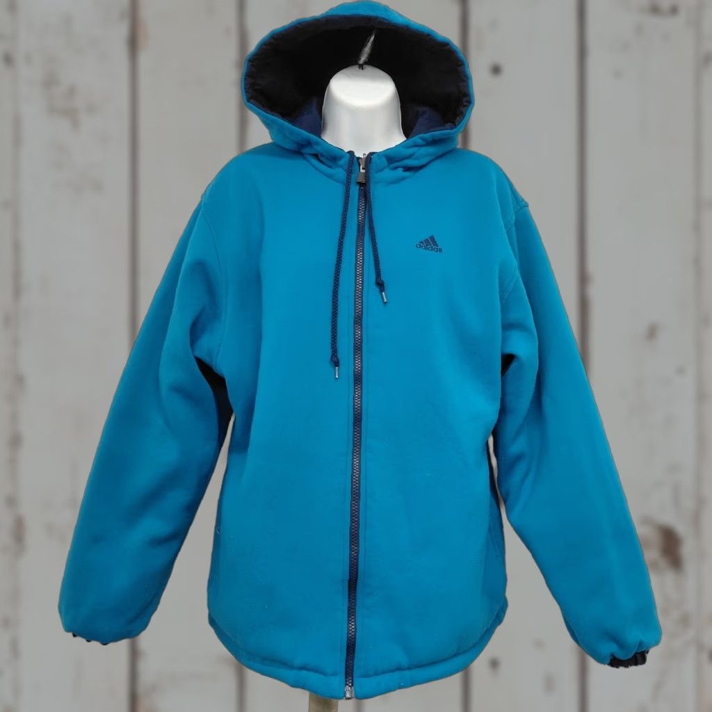 Adidas Adidas Reversible Jacket Womens L Large Blue Hooded Striped Lining Turquoise Stripe Track Jacket Short Sleeve? Wait. Size L / US 10 / IT 46 - 1 Thumbnail