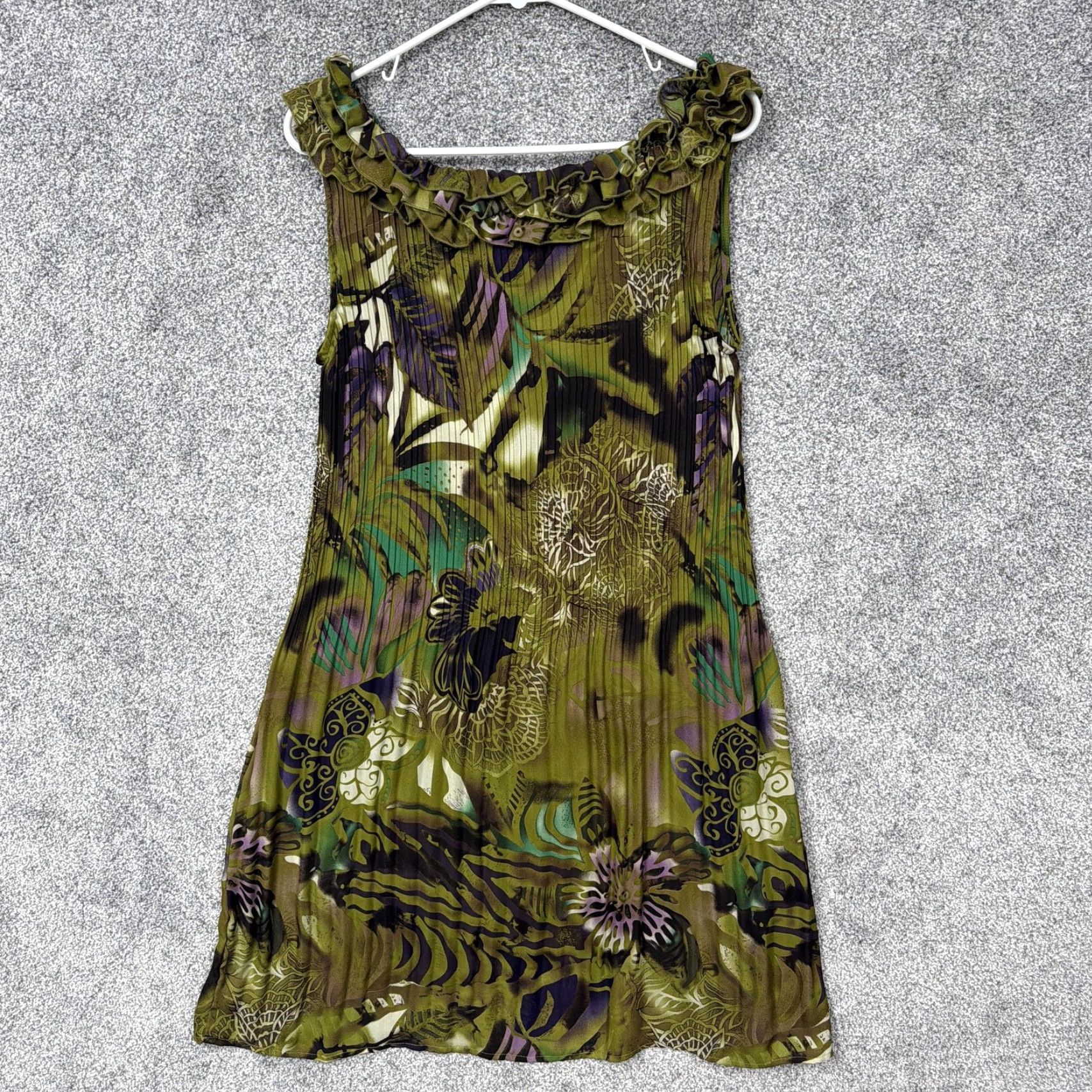 Vintage Dressbarn Dress 10 Green Tropical Floral Ruffled Pleated Earthy Lagenlook Size L / US 10 / IT 46 - 7 Thumbnail