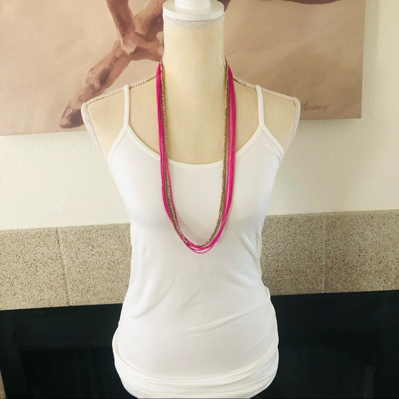 Jewelry Multi strand pink chain brass sparkle bead necklace Size ONE SIZE - 3 Thumbnail