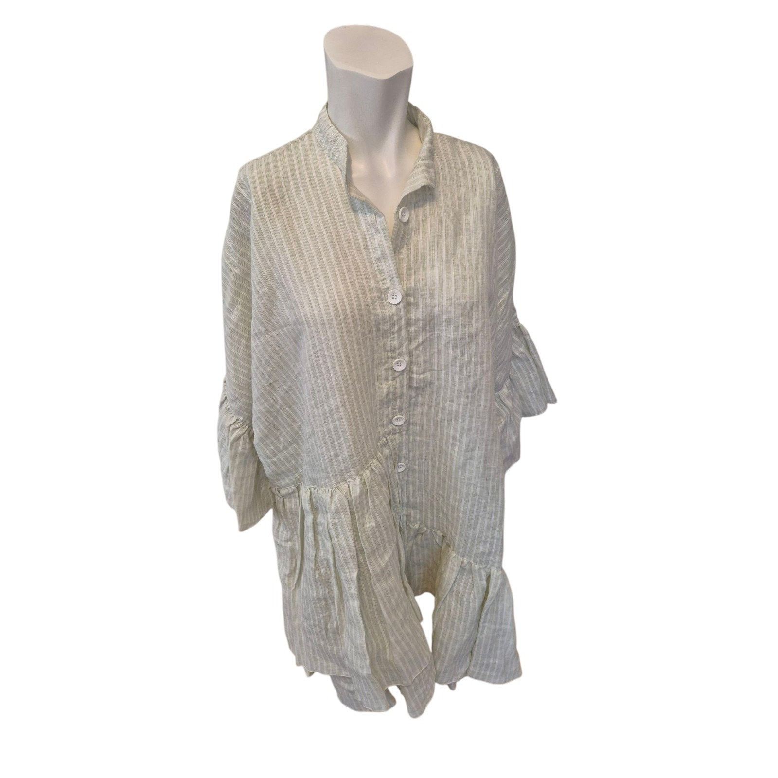 Other Aurelia Aqua Greek Boho Ruffle Linen Shirt Swing Dress Green Size ONE SIZE - 4 Thumbnail