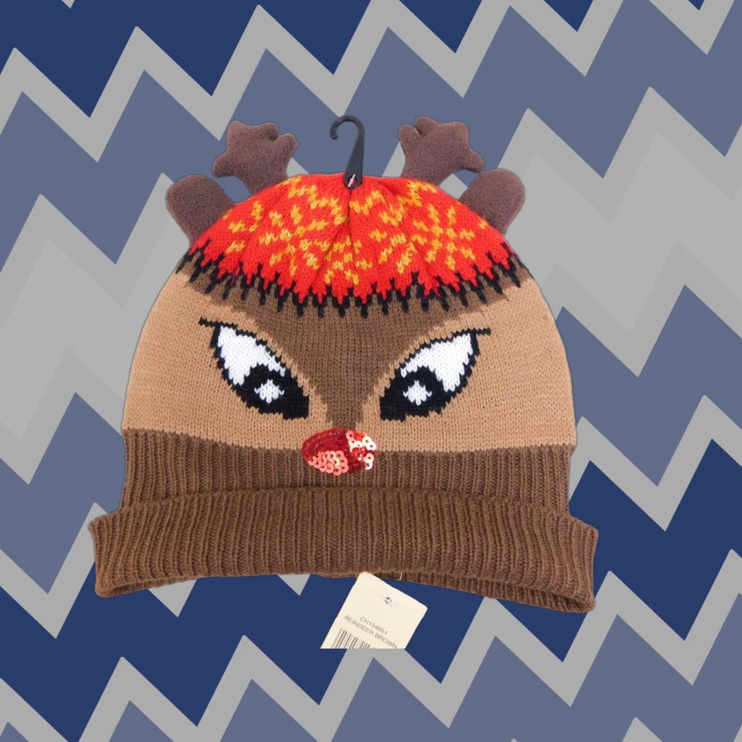 Vintage VINTAGE Collection XIIX Rudolph Sequin Reindeer Knit Christmas Beanie Hat Brown #6105 Size ONE SIZE - 1 Thumbnail