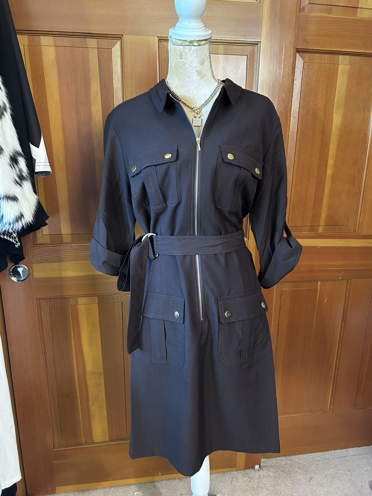Designer × Other New! Women’s Brown SHARAGANO Belted Mini Dress. Size L / US 10 / IT 46 - 5 Thumbnail