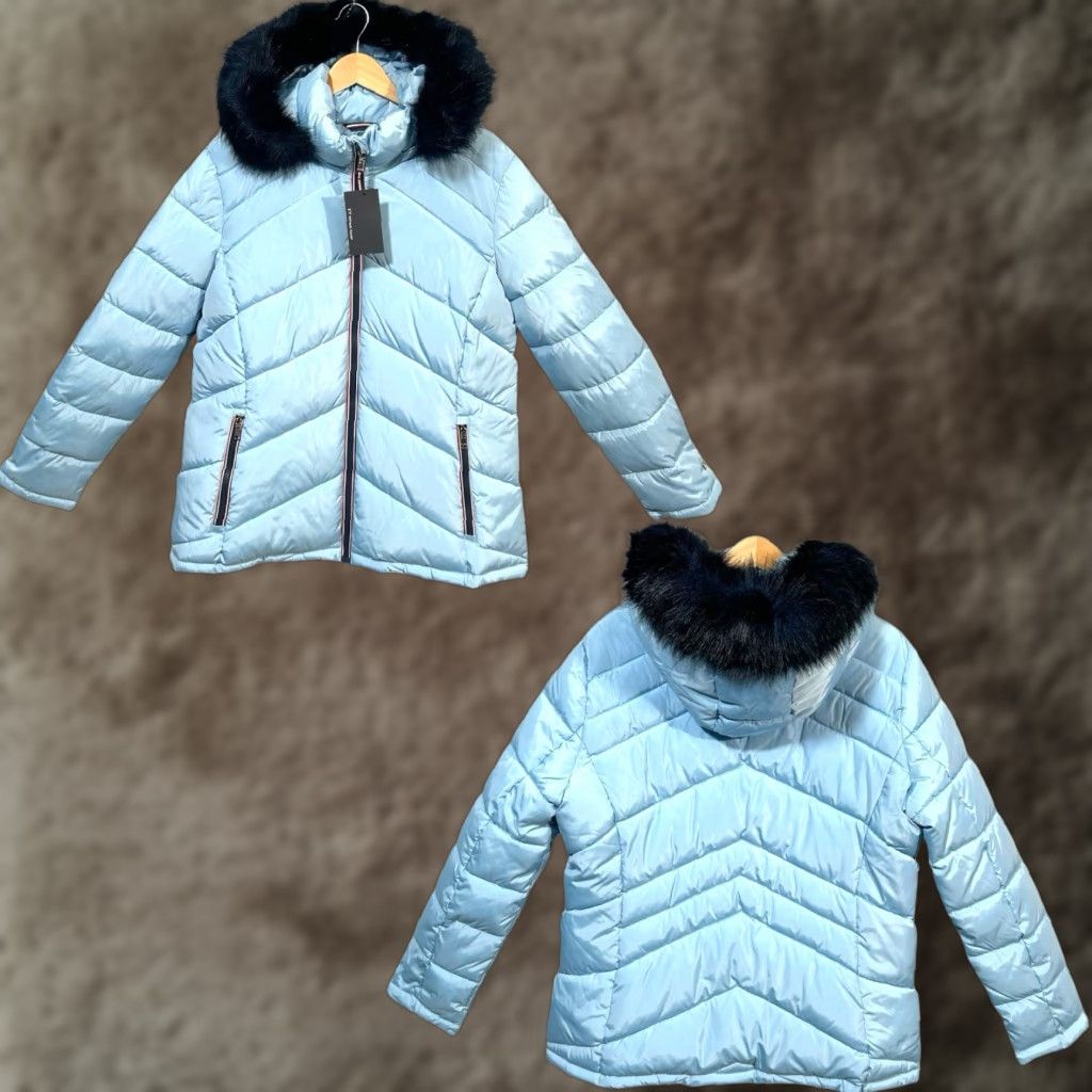 Tommy Hilfiger Tommy Hilfiger Women’s Fur Hood Puffer Jacket XS XL Light Blue Cerulean Cinched Waist Zip Pockets Quilted Winter Coat Mens Womens Girls Boys Size XL / US 12-14 / IT 48-50 - 1 Thumbnail